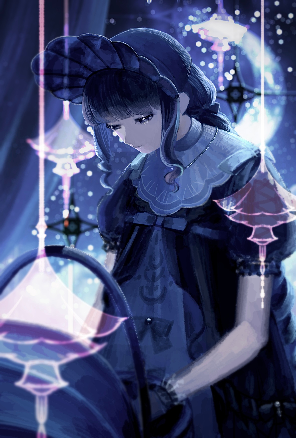 1 hcs, lilith (shining nikki), nikki (series), shining nikki, highres, 1girl, baby carrier, black bonnet, black bow, black dress, black gloves, black hair, bonnet, bow, bowtie, collar, cowboy shot, crescent moon, cross-laced clothes, cross-laced sleeves, curtains, downturned eyes, dress, dress bow, expressionless, frilled gloves, frilled sleeves, frills, gloves, grey bow, grey bowtie, hair bow, indoors, lantern, layered dress, lolita fashion, long hair, looking at object, low twintails, moon, night, night sky, puffy short sleeves, puffy sleeves, short sleeves, sidelocks, sky, solo, star (sky), starry sky, sugary lullaby (shining nikki), twintails, wavy hair, white collar, white dress, window