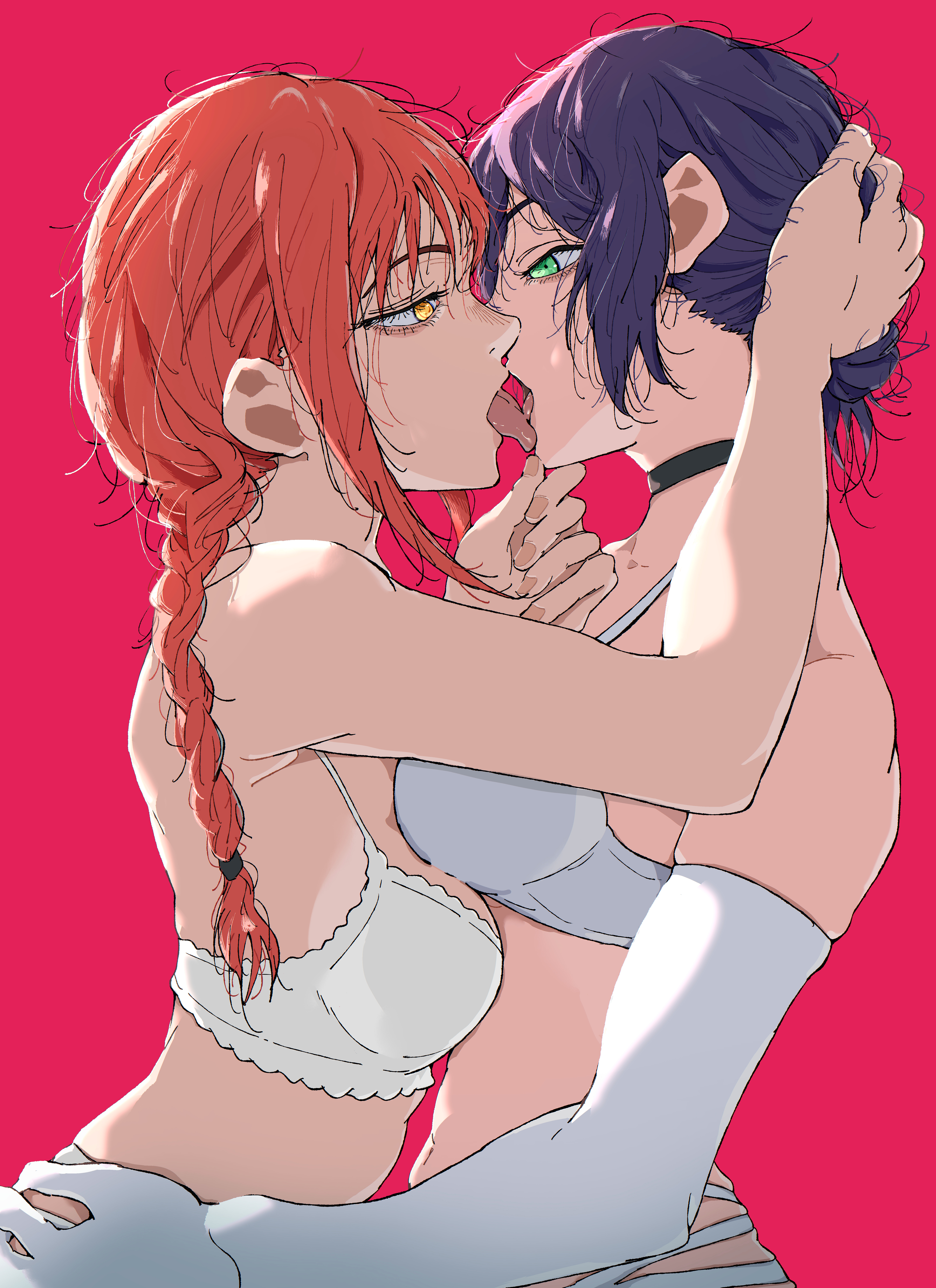 big chunger, makima (chainsaw man), reze (chainsaw man), chainsaw man, absurdres, highres, 2girls, black choker, bra, braid, braided ponytail, breasts, choker, elbow gloves, french kiss, gloves, green eyes, grey bra, kiss, long hair, medium breasts, multiple girls, pink background, purple hair, red hair, tongue, tongue out, underwear, white bra, white gloves, yellow eyes, yuri