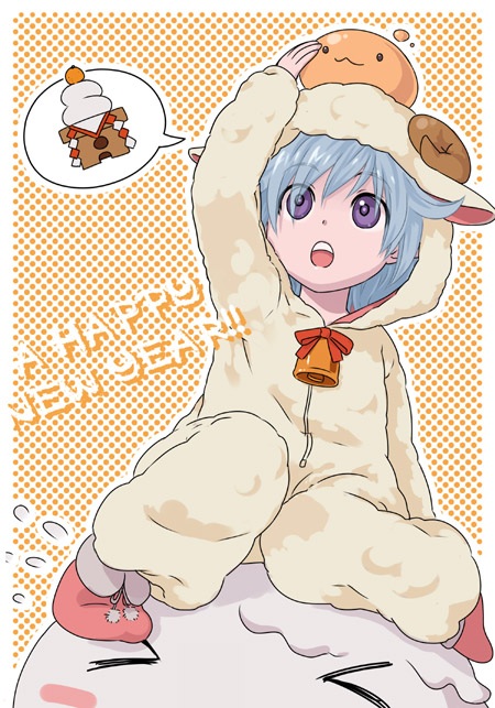 susukinohukurou, drops (ragnarok online), ragnarok online, > <, 1boy, :3, animal costume, bell, blue hair, food, fruit, full body, happy new year, kagami mochi, male focus, mandarin orange, new year, open mouth, orange background, polka dot, polka dot background, purple eyes, sheep costume, short hair, slime (creature), solo