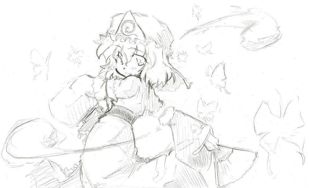 golden pe done, saigyouji yuyuko, touhou, 1girl, bug, butterfly, dress, female focus, greyscale, hat, monochrome, sketch, solo, white background
