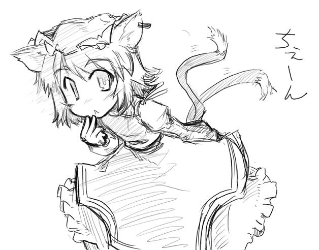 golden pe done, chen, touhou, 1girl, :<, animal ears, cat ears, cat girl, cat tail, earrings, female focus, greyscale, hat, jewelry, monochrome, multiple tails, short hair, simple background, sketch, solo, tail