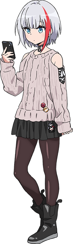 admiral graf spee (azur lane), azur lane, official art, 1girl, anime coloring, aqua eyes, aran sweater, black boots, black choker, black pantyhose, black skirt, blunt bangs, blush, bob cut, boots, breasts, cable knit, cellphone, choker, clothing cutout, full body, grey sweater, hand up, holding, holding phone, long sleeves, looking at viewer, multicolored hair, ogiwara rokou, pantyhose, phone, pleated skirt, red hair, ribbon, short hair, shoulder cutout, simple background, skirt, small breasts, smartphone, solo, standing, sweater, tachi-e, transparent background, two-tone hair, white hair, white ribbon
