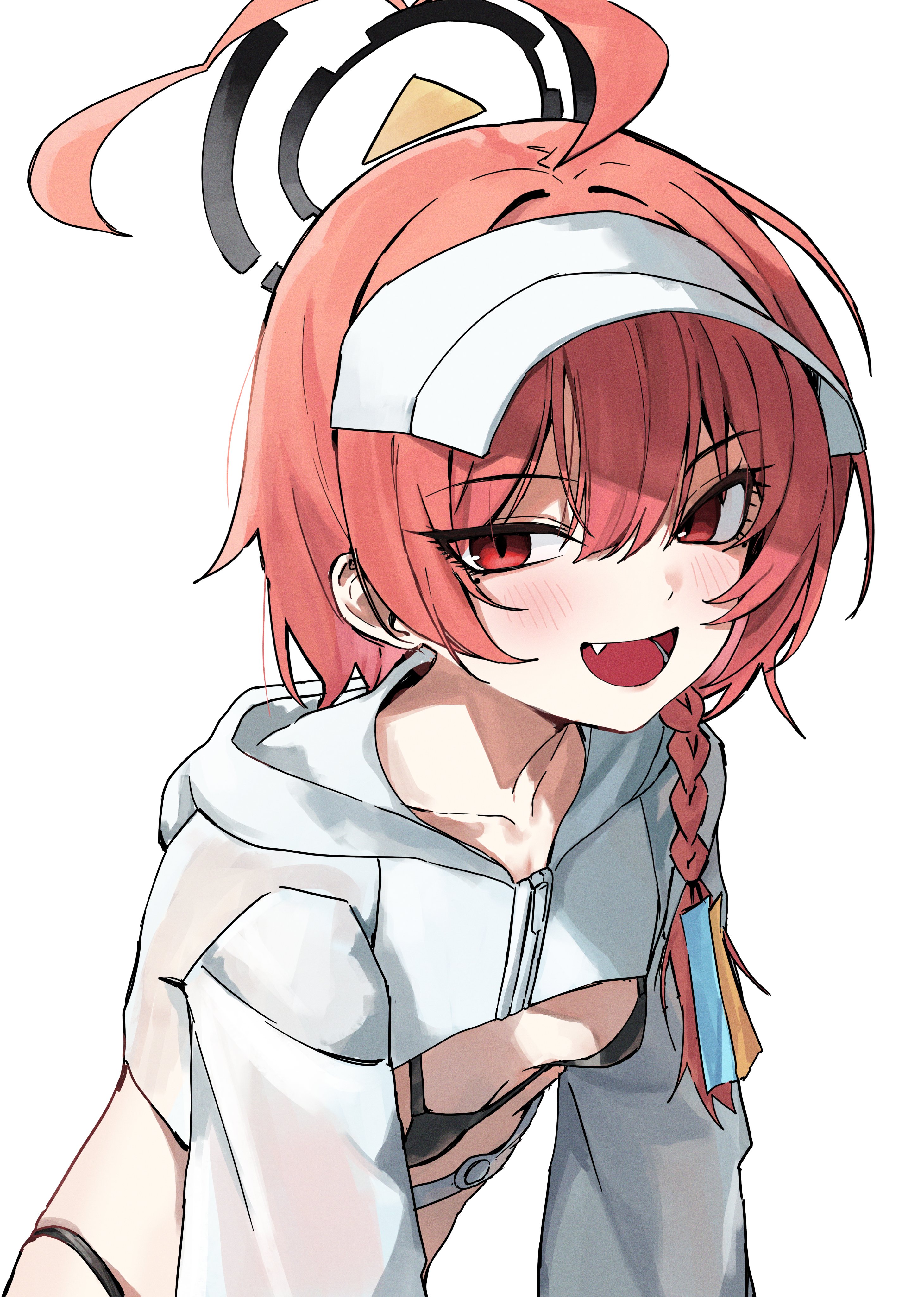 rosu 1109, neru (blue archive), blue archive, absurdres, highres, 1girl, ahoge, bikini, bikini under clothes, black bikini, black halo, braid, breast cutout, breasts, collarbone, cropped jacket, fang, halo, hood, hooded jacket, huge ahoge, jacket, long sleeves, looking at viewer, orange hair, red eyes, short hair, simple background, single braid, slit pupils, small breasts, solo, swimsuit, visor cap, white background, white jacket