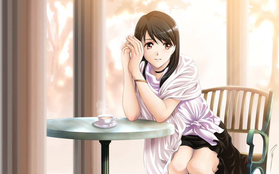 aizawa kotarou, original, 1girl, black hair, black skirt, bracelet, brown eyes, brown hair, chair, choker, cup, elbow rest, female focus, jewelry, leaning forward, looking at viewer, on chair, own hands together, parted lips, puffy short sleeves, puffy sleeves, saucer, shawl, shirt, short sleeves, sitting, skirt, solo, swept bangs, table, tea, teacup, white shirt, window