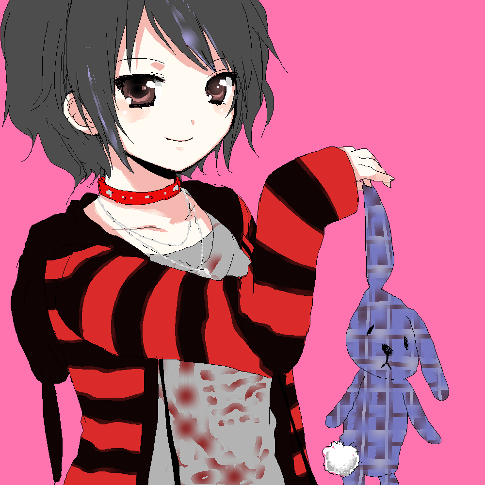 usashiro mani, original, 1girl, brown hair, choker, collarbone, female focus, holding, jacket, long sleeves, looking at viewer, oekaki, open clothes, open jacket, pink background, purple eyes, shirt, short hair, simple background, solo, t-shirt