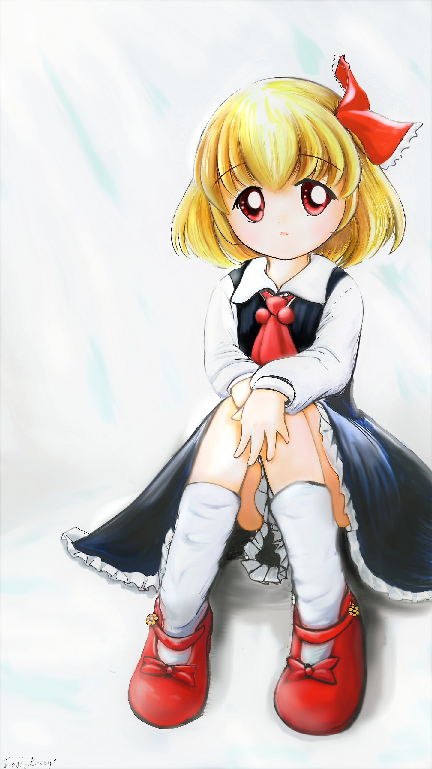 rumia, touhou, absurdres, highres, 1girl, 4183rumia, ascot, black skirt, black vest, blonde hair, bow, convenient skirt, footwear bow, frilled skirt, frills, hair bow, hair ribbon, hands on own knees, knees up, light blush, long sleeves, mary janes, parted lips, red eyes, red ribbon, red shoes, ribbon, shirt, shoes, short hair, signature, sitting, skirt, socks, solo, vest, white background, white shirt, white socks, white trim