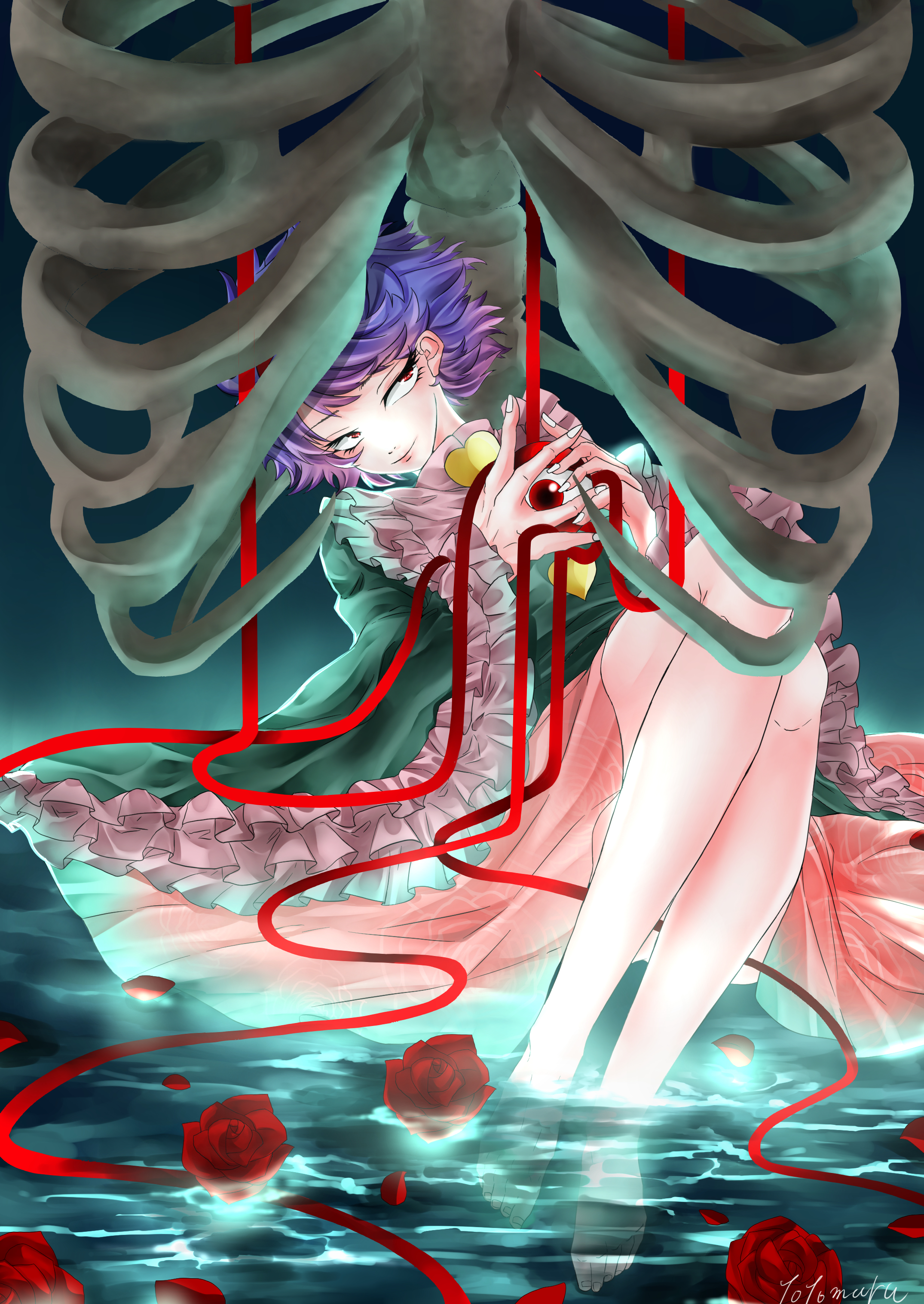 totomaru aka, komeiji satori, touhou, absurdres, commentary request, highres, 1girl, aqua background, aqua shirt, barefoot, bone, buttons, floral print, floral print skirt, flower, frilled sleeves, frills, full body, heart button, in water, knees, lips, looking up, pink skirt, print skirt, purple hair, red eyes, red flower, red ribbon, red rose, ribbon, ribs, rose, shirt, short hair, signature, sitting, skirt, smile, solo, third eye, water
