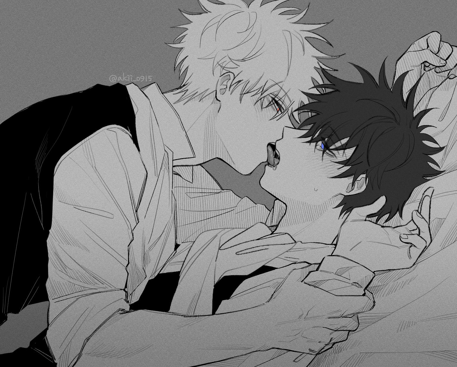 akii 0915, hijikata toushirou, sakata gintoki, gintama, commentary request, highres, 2boys, adam's apple, arm up, ascot, blue eyes, blush, collared shirt, crying, crying with eyes open, eye contact, film grain, fingernails, french kiss, grey background, greyscale, hand on another's wrist, kiss, long sleeves, looking at another, lying, male focus, monochrome, multiple boys, on back, pillow, popped collar, profile, red eyes, saliva, shirt, short hair, simple background, sleeves rolled up, spot color, tears, tongue, twitter username, vest, yaoi
