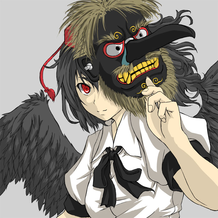 kinsenka, shameimaru aya, touhou, 1girl, aprilrain, black hair, black wings, female focus, mask, red eyes, solo, tengu, tengu mask, wings