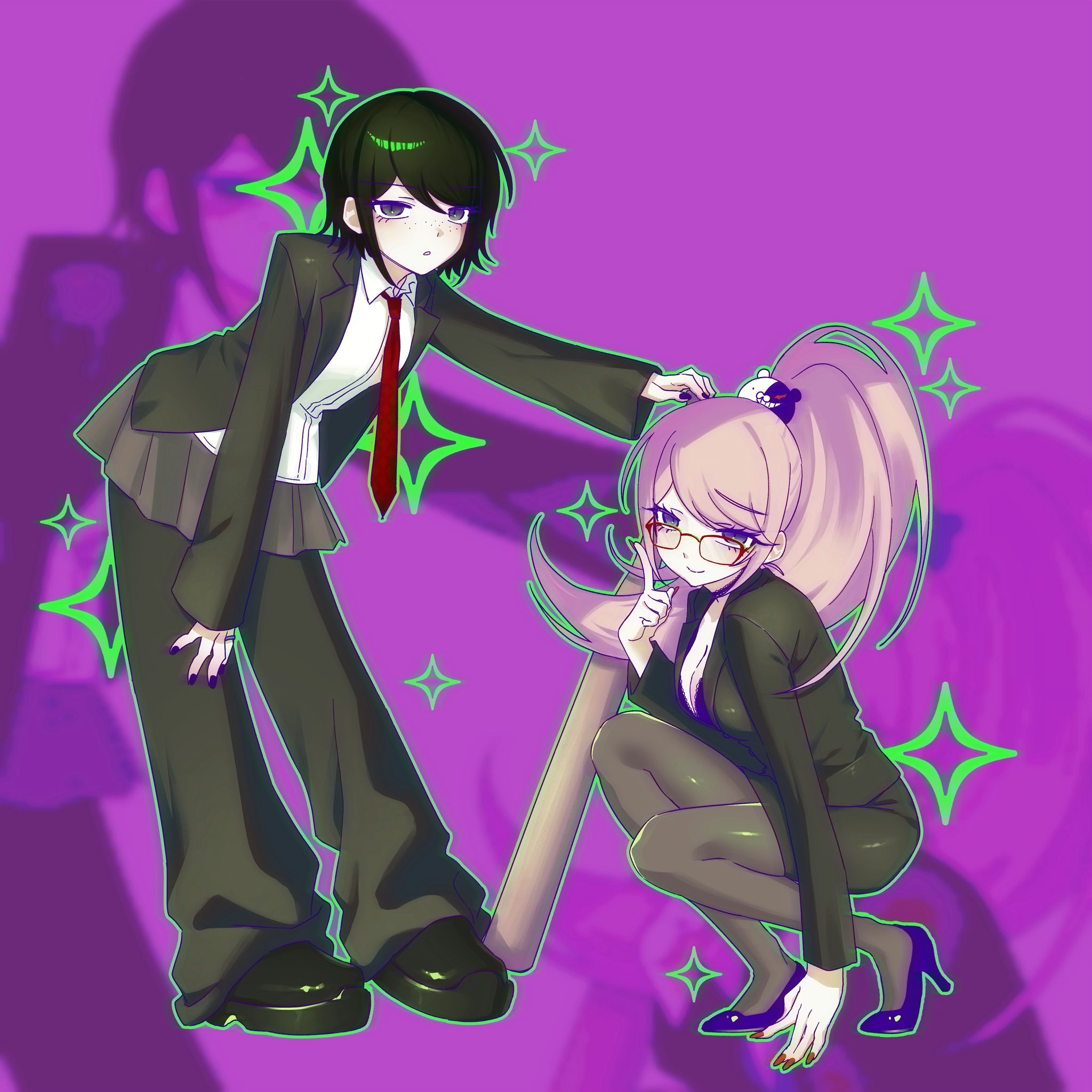 wawa (uwu 0427), ikusaba mukuro, monokuma, danganronpa: trigger happy havoc, danganronpa (series), hashtag-only commentary, highres, 2girls, alternate costume, alternate hairstyle, baseball bat, bear hair ornament, bespectacled, black eyes, black hair, black jacket, black pants, black shoes, black skirt, blonde hair, breasts, cleavage, closed mouth, collared shirt, freckles, full body, glasses, green outline, grey pantyhose, grey skirt, hair ornament, hand on ground, high heels, index finger raised, jacket, multiple girls, nail polish, necktie, open clothes, open jacket, open mouth, outline, pants, pants under skirt, pantyhose, ponytail, purple background, purple eyes, red-framed eyewear, red nails, red necktie, shirt, shoes, short hair, siblings, sisters, skirt, smile, sparkle, squatting, standing, white shirt, zoom layer