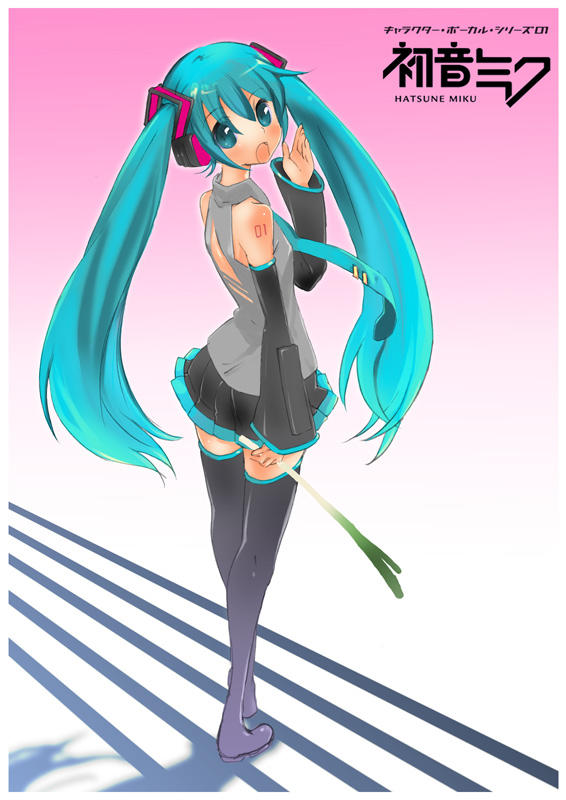 nagy, hatsune miku, vocaloid, black thighhighs, blouse, collared shirt, gradient background, grey shirt, hand to own mouth, head tilt, long hair, pink background, shirt, shoulder tattoo, sleeveless, sleeveless shirt, solo, spring onion, tattoo, thighhighs, twintails, very long hair, zettai ryouiki