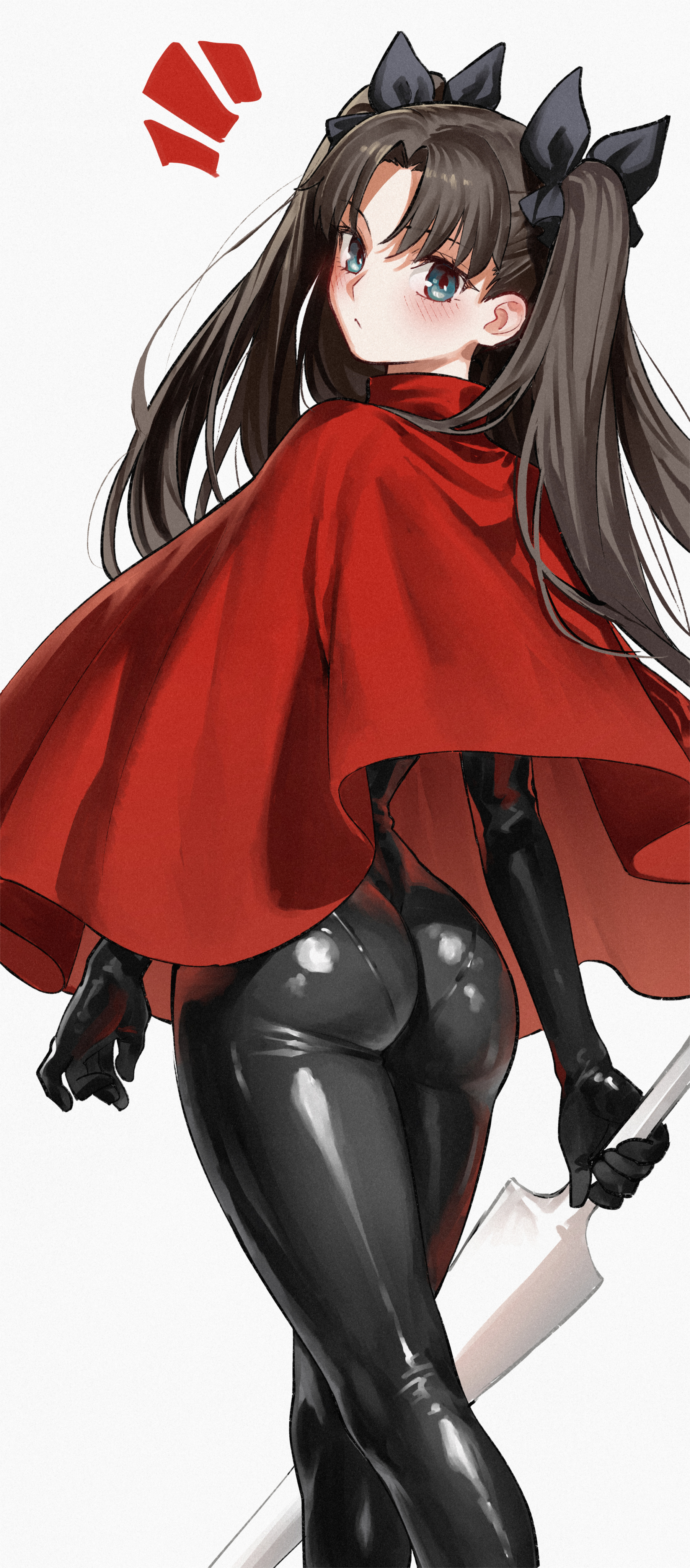 kamisato sora, hornet (hollow knight), tohsaka rin, fate/stay night, fate (series), hollow knight, hollow knight: silksong, absurdres, commentary, highres, 1girl, ass, black bodysuit, black ribbon, blue eyes, blush, bodysuit, brown hair, cloak, cosplay, curtained hair, feet out of frame, from behind, hair ribbon, holding, holding weapon, hornet (hollow knight) (cosplay), long hair, looking at viewer, looking back, needle (hollow knight), parted bangs, red cloak, ribbon, simple background, solo, weapon, white background