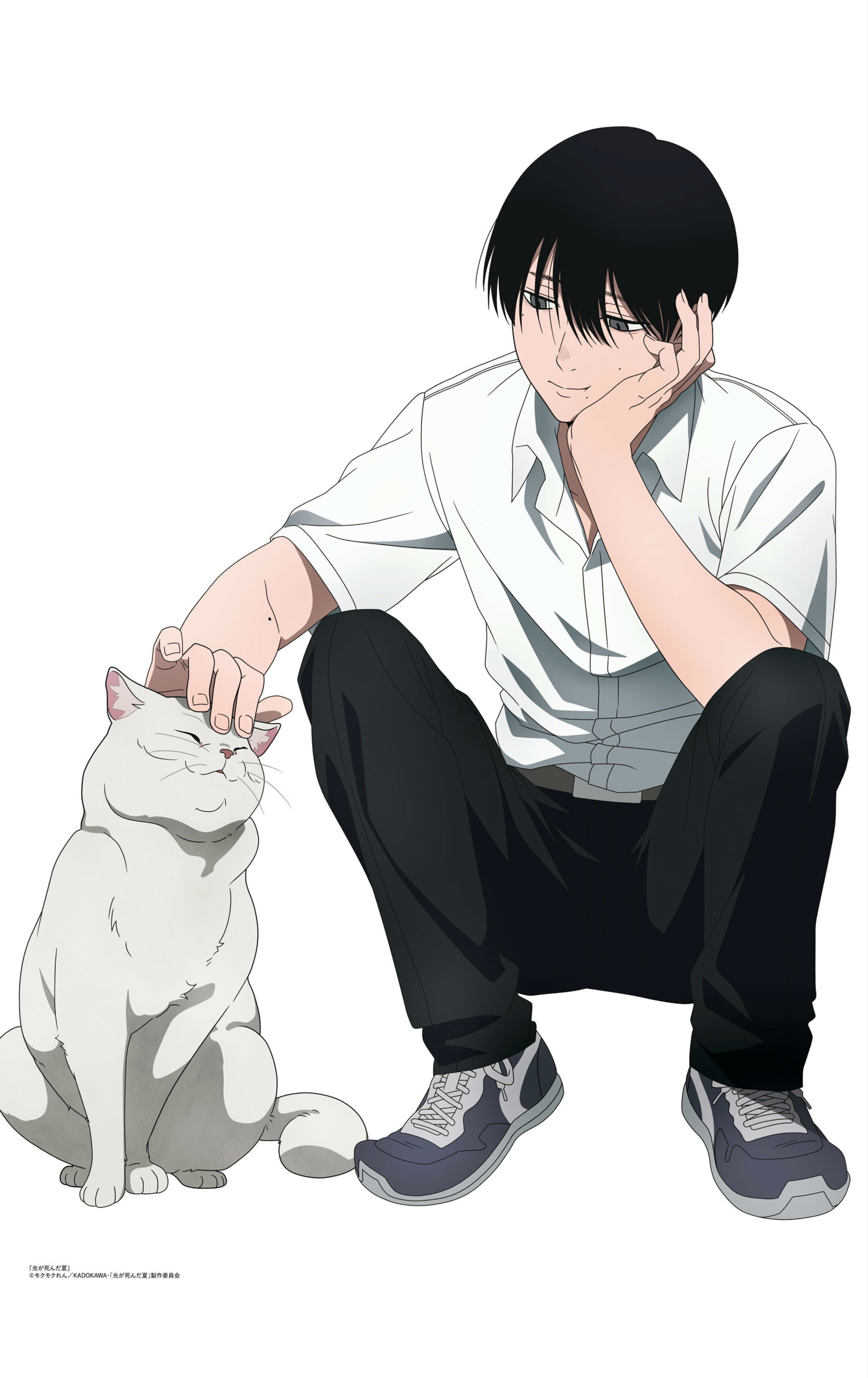 takahashi yuuichi, tsujinaka yoshiki, animage, hikaru ga shinda natsu, absurdres, highres, magazine scan, non-web source, official art, scan, anime coloring, belt, black hair, black pants, cat, collared shirt, copyright notice, hair between eyes, looking at animal, male focus, mole, mole under eye, mole under mouth, multiple moles, pants, petting, school uniform, shirt, short hair, short sleeves, simple background, smile, teeth, white shirt