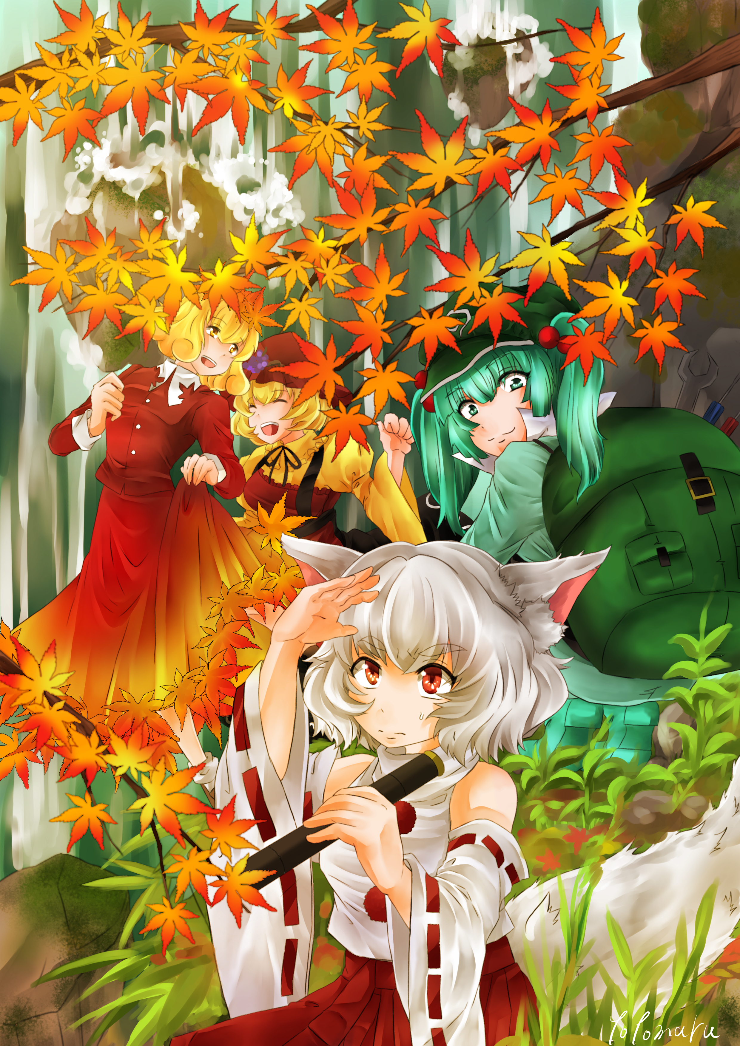 totomaru aka, aki minoriko, aki shizuha, inubashiri momiji, kawashiro nitori, touhou, absurdres, commentary request, highres, 4girls, :3, :d, animal ears, apron, aqua eyes, aqua hair, aqua shirt, autumn leaves, backpack, bag, beads, black ribbon, blonde hair, boots, branch, closed eyes, collar, detached sleeves, foliage, gradient clothes, gradient skirt, grape hat ornament, grass, green bag, green hat, hair beads, hair ornament, hat, holding, holding telescope, juliet sleeves, leaf, leaf hair ornament, long hair, long sleeves, maple leaf, medium hair, mob cap, moss, multiple girls, open mouth, outdoors, pleated skirt, pom pom (clothes), puffy sleeves, red apron, red eyes, red hat, red shirt, red skirt, ribbon, ribbon-trimmed sleeves, ribbon trim, rock, rubber boots, screwdriver, shading eyes, shirt, signature, skirt, skirt hold, smile, split mouth, squatting, sweatdrop, tail, teeth, telescope, thick eyebrows, tools, twintails, upper teeth only, water, waterfall, white collar, white hair, white shirt, wolf ears, wolf girl, wolf tail, wrench, yellow eyes, yellow shirt