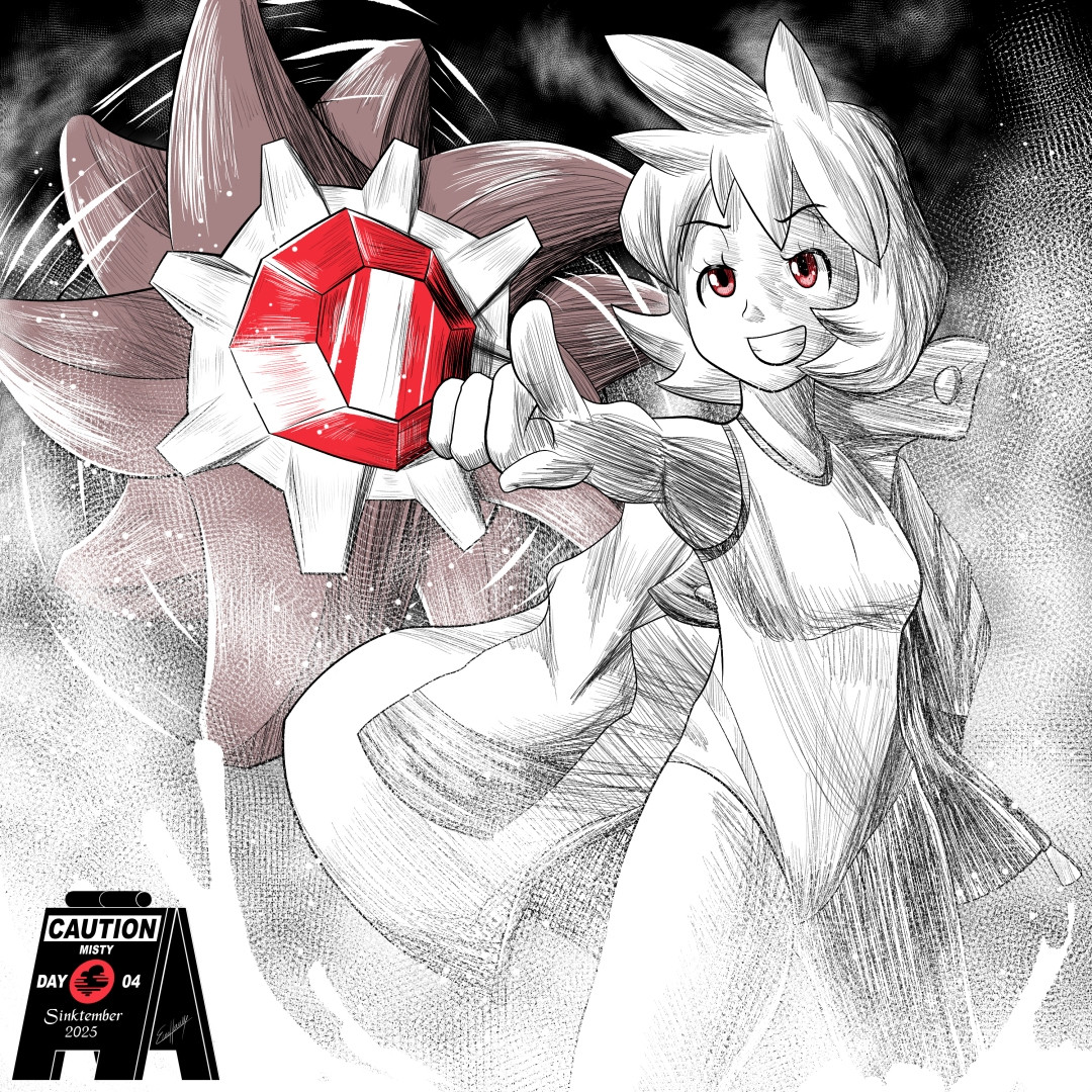 evan harrey, misty (pokemon), starmie, nintendo, pokemon, pokemon gsc, pokemon hgss, 1girl, breasts, competition swimsuit, eyelashes, gem, gen 1 pokemon, grin, holding, jacket, jacket on shoulders, leotard, one-piece swimsuit, open clothes, open jacket, outstretched arm, pointing, poke ball, red eyes, red gemstone, short hair, small breasts, smile, smoke, solo, standing, swimsuit, teeth