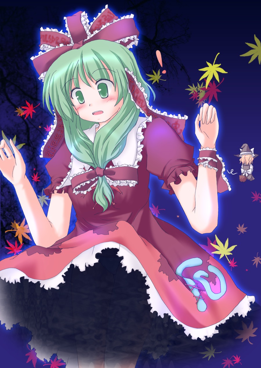 lzh, kagiyama hina, kirisame marisa, touhou, highres, 2girls, arm ribbon, blonde hair, bow, dress, female focus, front ponytail, green eyes, green hair, hair bow, hair ornament, hair ribbon, hat, leaf, long hair, multiple girls, panties, red dress, ribbon, short sleeves, underwear, white panties, wind, wind lift, witch hat