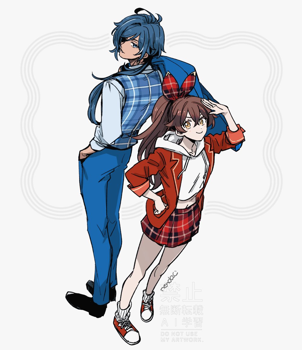 nendo (n), amber (genshin impact), kaeya (genshin impact), genshin impact, commentary, symbol-only commentary, 1boy, 1girl, antenna hair, artist name, back-to-back, black shoes, blue eyes, blue hair, blue pants, blue shirt, blue vest, brown eyes, brown hair, closed mouth, collared shirt, crossed bangs, drawstring, eyelashes, eyepatch, from above, hair between eyes, hair over shoulder, hair ribbon, hand on own hip, hand up, high ponytail, hood, hood down, hoodie, jacket, jacket over hoodie, lapels, long hair, long sleeves, looking at viewer, looking back, looking up, low ponytail, multicolored hair, multicolored shoes, one eye covered, open clothes, open jacket, pants, parted bangs, parted lips, plaid clothes, plaid ribbon, plaid skirt, plaid vest, pleated skirt, ponytail, red jacket, red ribbon, red shoes, red skirt, ribbed socks, ribbon, shirt, shoes, simple background, skirt, sleeves rolled up, smile, socks, standing, streaked hair, two-tone shoes, v-shaped eyebrows, vest, watermark, white background, white hoodie, white shoes, white socks