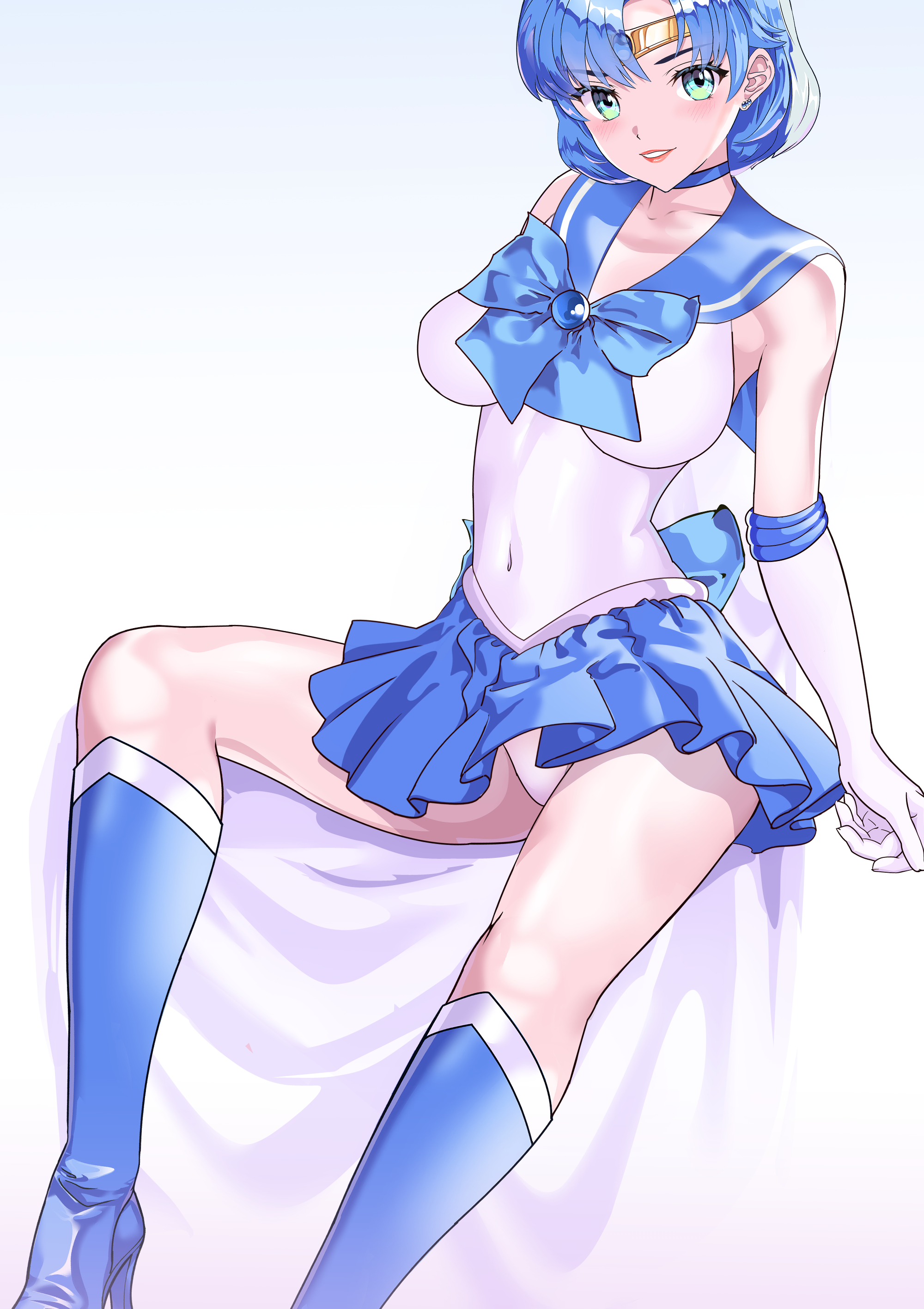 arion canvas, mizuno ami, sailor mercury, bishoujo senshi sailor moon, absurdres, highres, armpit crease, back bow, blue boots, blue bow, blue brooch, blue choker, blue hair, blue sailor collar, boots, bow, choker, circlet, collarbone, covered navel, elbow gloves, gloves, green eyes, high heel boots, high heels, knee boots, lips, looking at viewer, miniskirt, panties, pantyshot, pleated skirt, sailor collar, sitting, skirt, smile, thick thighs, thighs, underwear