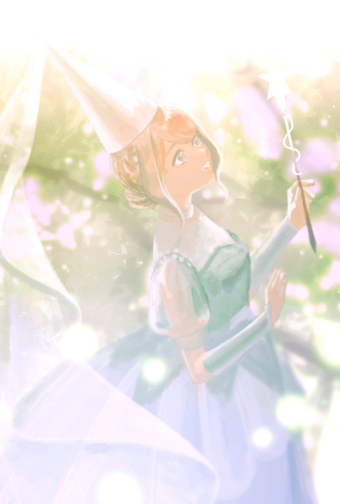 1 hcs, nikki (series), shining nikki, highres, 1girl, blonde hair, collared dress, cowboy shot, day, dress, gown, green arm warmers, green dress, grey eyes, hair bun, happy, hat, holding, holding wand, layered dress, light particles, light rays, looking ahead, open mouth, outdoors, pointy nose, puffy short sleeves, puffy sleeves, see-through clothes, see-through sleeves, short hair, short sleeves, single hair bun, smile, solo, standing, star wand, starlight variations (shining nikki), sunlight, updo, veil, wand, white dress, white hat, white veil
