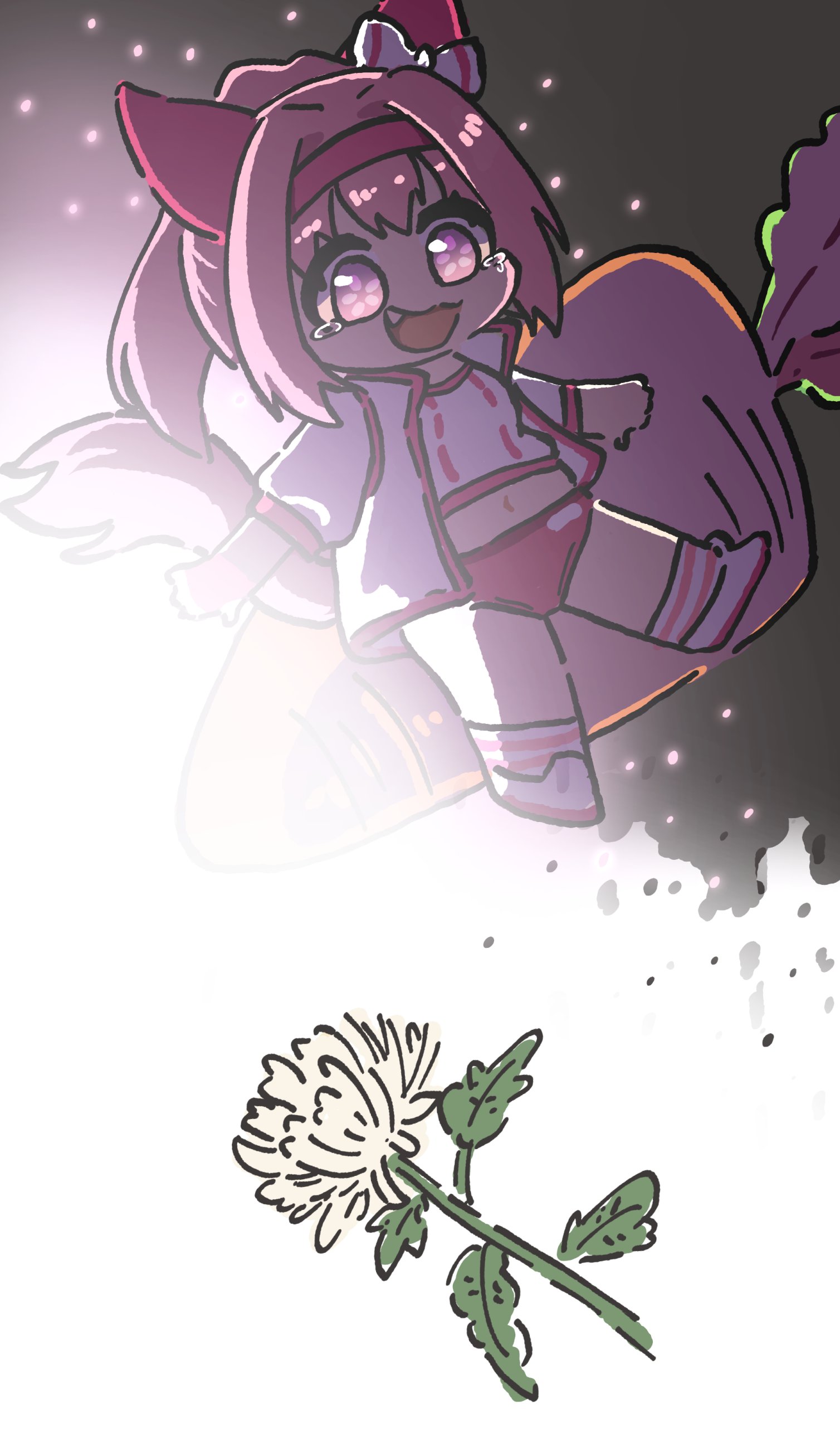 bluebird (leh951025), haru urara (umamusume), umamusume, absurdres, commentary request, highres, korean commentary, 1girl, animal ears, buruma, carrot, chibi, fang, flower, flower-shaped pupils, horse ears, horse girl, horse tail, jacket, long hair, midriff, navel, open mouth, pink buruma, pink eyes, pink hair, ponytail, puffy short sleeves, puffy sleeves, shirt, short sleeves, solo, symbol-shaped pupils, tail, tearing up, tears, track jacket, white jacket, white shirt