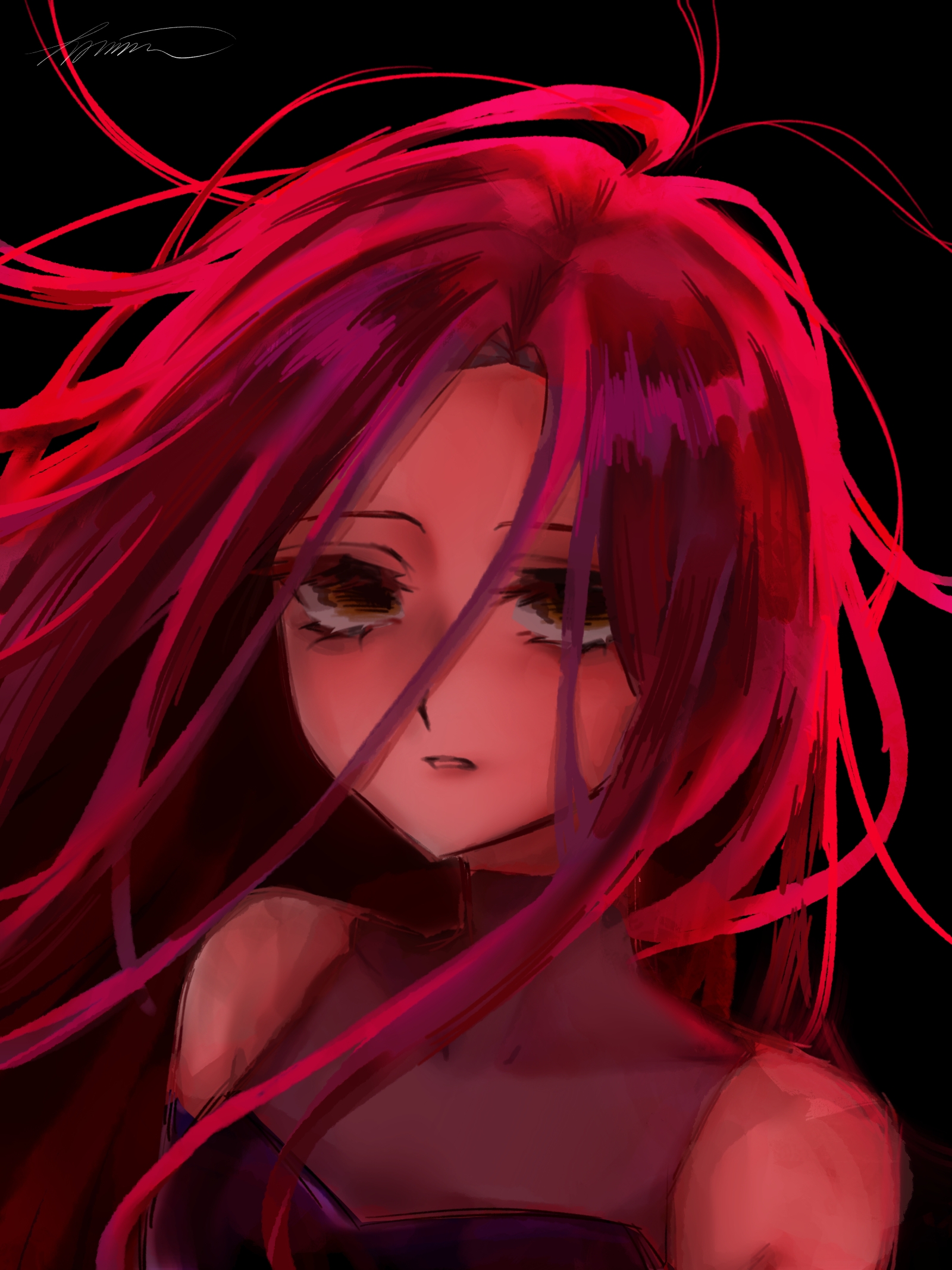 mizi (alien stage), alien stage, chinese commentary, commentary, highres, 1girl, alikawa kiyou, dress, hair between eyes, long hair, long hair between eyes, parted lips, pink hair, portrait, signature, sleeveless, sleeveless dress, solo, yellow eyes