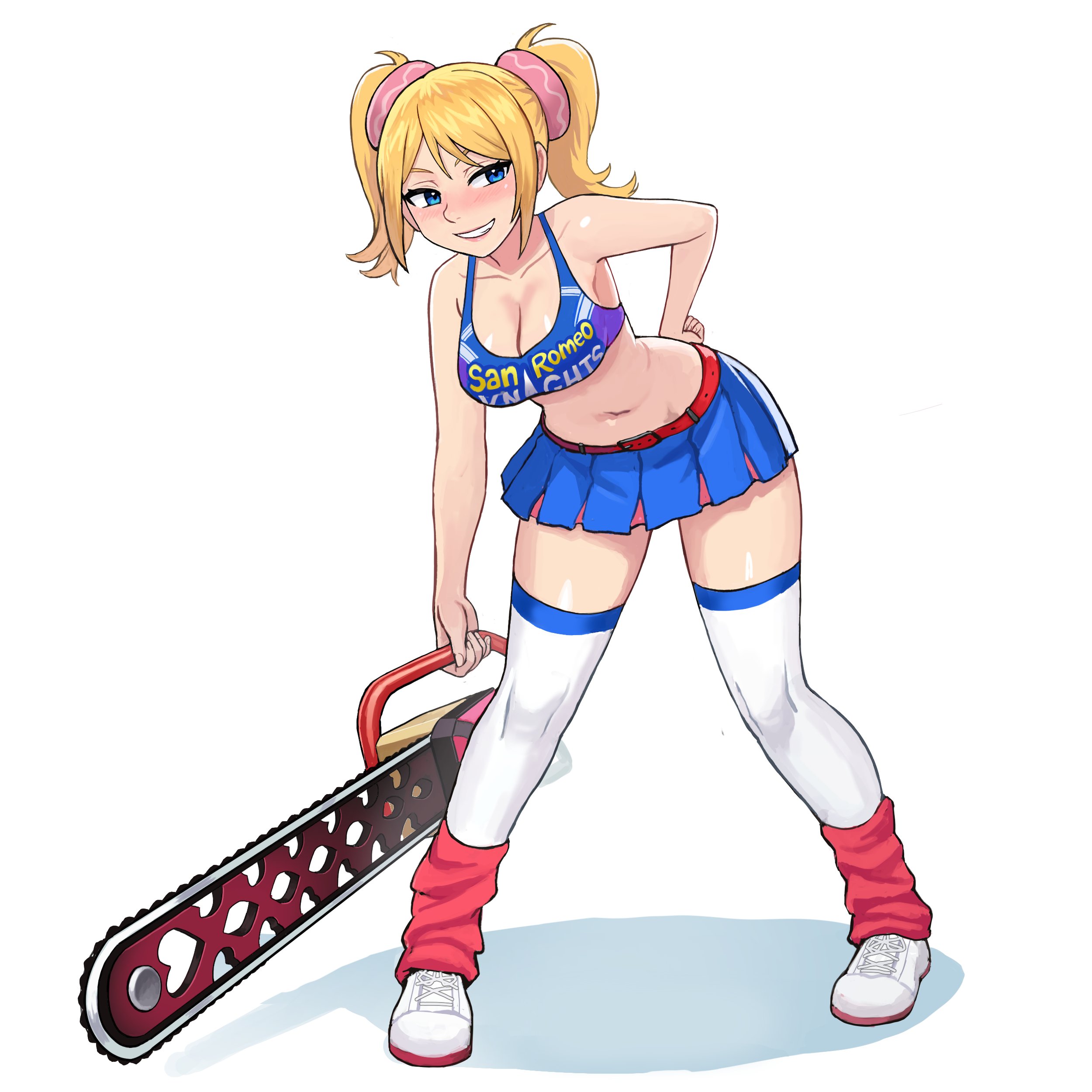 watcher hollow, juliet starling, lollipop chainsaw, absurdres, commentary, commission, english commentary, highres, 1girl, bare arms, bare shoulders, belt, blonde hair, blue eyes, blue skirt, blush, breasts, chainsaw, cleavage, clothes writing, collarbone, crop top, full body, grin, hand on own hip, holding, holding chainsaw, large breasts, leaning forward, leg warmers, legs apart, midriff, miniskirt, navel, pleated skirt, red belt, red leg warmers, shoes, simple background, skirt, smile, sneakers, solo, standing, thighhighs, twintails, white background, white thighhighs, zettai ryouiki