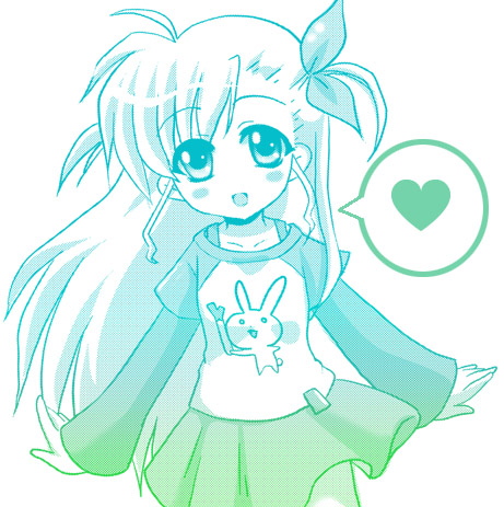 mekimeki, vivio, lyrical nanoha, mahou shoujo lyrical nanoha, mahou shoujo lyrical nanoha strikers, lowres, 00s, 1girl, :d, blue theme, cowboy shot, female focus, heart, long sleeves, monochrome, open mouth, pleated skirt, raglan sleeves, shirt, sidelocks, simple background, skirt, smile, solo, speech bubble, spoken heart, t-shirt, white background