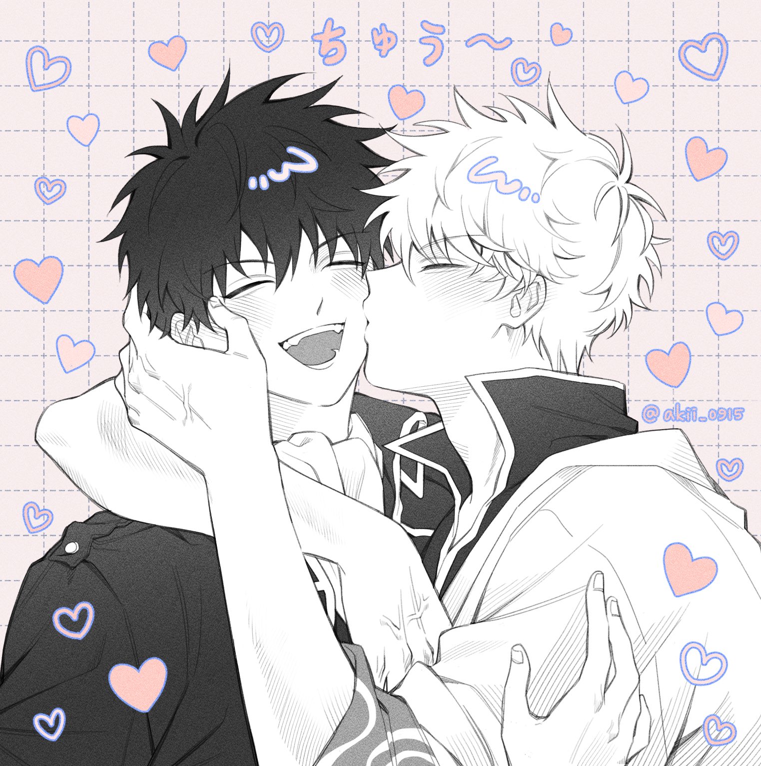 akii 0915, hijikata toushirou, sakata gintoki, gintama, commentary request, highres, translation request, 2boys, arm around shoulder, ascot, blush, closed eyes, collared jacket, grid background, hand on another's face, heart, jacket, japanese clothes, kimono, kiss, kissing cheek, male focus, multiple boys, open collar, open mouth, popped collar, shinsengumi (gintama), short hair, smile, teeth, twitter username, upper body, veins, veiny hands, wing collar, yaoi
