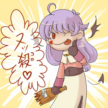 susukinohukurou, acolyte (ragnarok online), ragnarok online, lowres, translation request, 1girl, :p, ahoge, blood, blood on face, bottle, broken bottle, capelet, closed mouth, cowboy shot, demon tail, demon wings, detached tail, detached wings, holding, holding bottle, long hair, long sleeves, looking at viewer, one eye closed, pink shirt, red eyes, shirt, skirt, smile, solo, tail, tongue, tongue out, white capelet, white skirt, wings, yellow background