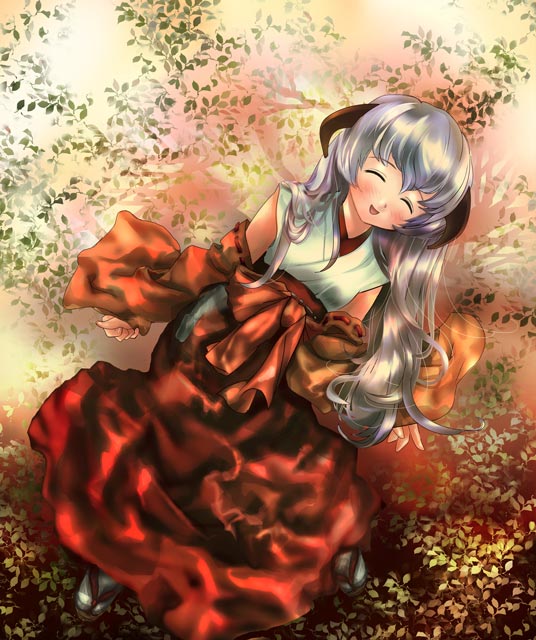 yasuhito (yasu no e), hanyuu, higurashi no naku koro ni, light purple hair, 00s, 1girl, blush, bow, closed eyes, detached sleeves, female focus, hair bow, hakama, hakama skirt, happy, horns, japanese clothes, leaf, long hair, lying, open mouth, red hakama, sandals, skirt, smile, solo, wide sleeves
