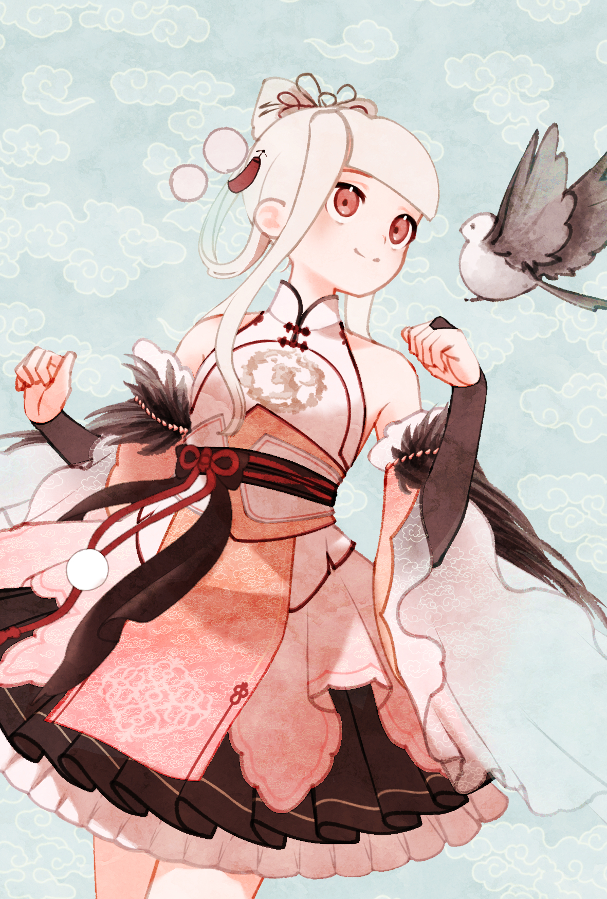 1 hcs, miracle nikki, nikki (series), highres, 1girl, animal, bare shoulders, bird, black bridal gauntlets, black skirt, blue background, blunt bangs, bow-shaped hair, bridal gauntlets, closed mouth, cloud background, collared shirt, cowboy shot, detached sleeves, frilled skirt, frilled sleeves, frills, hair ornament, hair ribbon, hair rings, happy, layered skirt, light blush, long-tailed tit, long hair, long sleeves, mandarin collar, miniskirt, obi, pink eyes, pink sash, pink skirt, pink sleeves, pleated skirt, pom pom (clothes), pom pom hair ornament, red ribbon, ribbon, sash, shirt, skirt, sleeveless, sleeveless shirt, smile, solo, standing, tassel, tassel hair ornament, tit (bird), waist ribbon, white bird, white hair, white shirt, wide sleeves, world watcher (miracle nikki), xiangyun