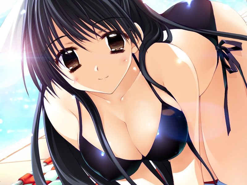 kadoi aya, hatsushiba riko, tamatama, 1girl, all fours, bikini, black bikini, black hair, blush, breasts, brown eyes, cleavage, close-up, day, dutch angle, female focus, large breasts, long hair, looking at viewer, pool, poolside, shiny clothes, side-tie bikini bottom, smile, solo, swimsuit