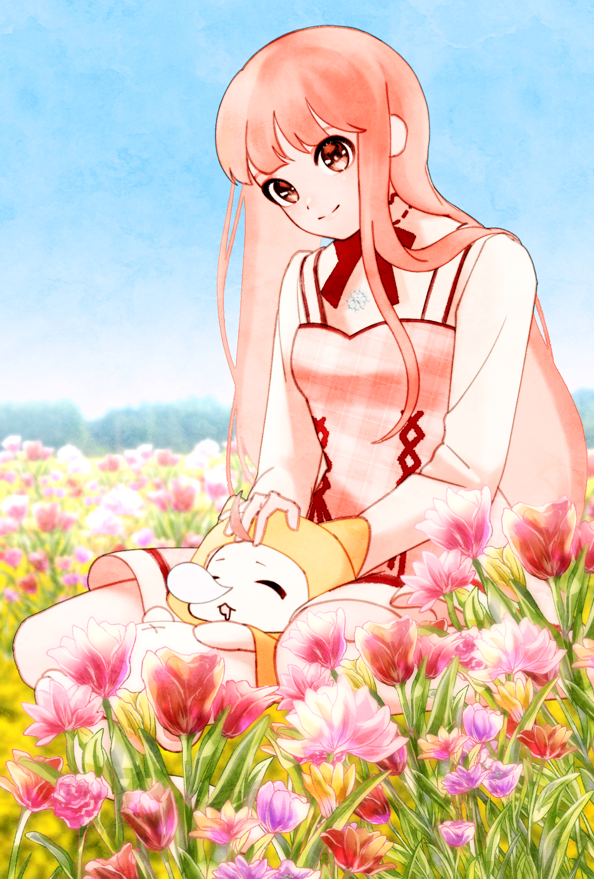 1 hcs, bloom poetry (shining nikki), momo (nikki), nikki (nikki), nikki (series), shining nikki, highres, 1girl, animal, animal on lap, blue sky, bow, bowtie, bright pupils, brown eyes, brown pupils, cat, cat on lap, cloak, closed eyes, closed mouth, clothed animal, cross-laced clothes, cross-laced dress, day, dot nose, dress, dress ribbon, drooling, ear covers, field, flower, flower field, full body, happy, head tilt, hood, hood up, hooded cloak, kneeling, long hair, long sidelocks, long sleeves, medium dress, nose bubble, on lap, outdoors, petting, pinafore dress, pink dress, pink flower, pink hair, plaid clothes, plaid dress, purple flower, red bow, red bowtie, red ribbon, ribbon, ribbon-trimmed shirt, ribbon trim, shirt, sidelocks, sky, sleeping, sleeveless, sleeveless dress, smile, snowflake necklace, tareme, tree, turtleneck, turtleneck shirt, very long hair, white cat, white shirt, yellow cloak, yellow flower