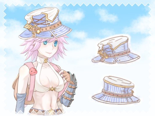 susukinohukurou, poring, whitesmith (ragnarok online), ragnarok online, 1girl, backpack, bag, belt, bikini, bikini top only, blue background, blue eyes, blue gloves, blue hat, breasts, brown belt, brown gloves, bucket hat, closed mouth, elbow gloves, fingerless gloves, gloves, hat, medium breasts, pink hair, smile, solo, swimsuit, upper body, vambraces, white bikini