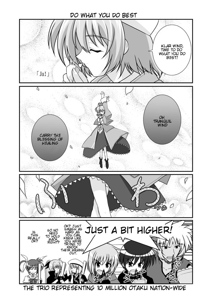 mikage takashi, chrono harlaown, fate testarossa, klarwind, reinforce, shamal, takamachi nanoha, yagami hayate, yuuno scrya, zafira, lyrical nanoha, mahou shoujo lyrical nanoha, mahou shoujo lyrical nanoha a's, hard-translated, third-party edit, 00s, 3boys, 4girls, 4koma, animal ears, blood, bow, cape, clenched hand, comic, english text, fingerless gloves, forehead jewel, gauntlets, gloves, greyscale, hair ornament, hand fan, harisen, hat, heart, magical boy, magical girl, monochrome, multiple boys, multiple girls, nosebleed, speech bubble, twintails, unison (nanoha), waist cape, wolf ears, x hair ornament