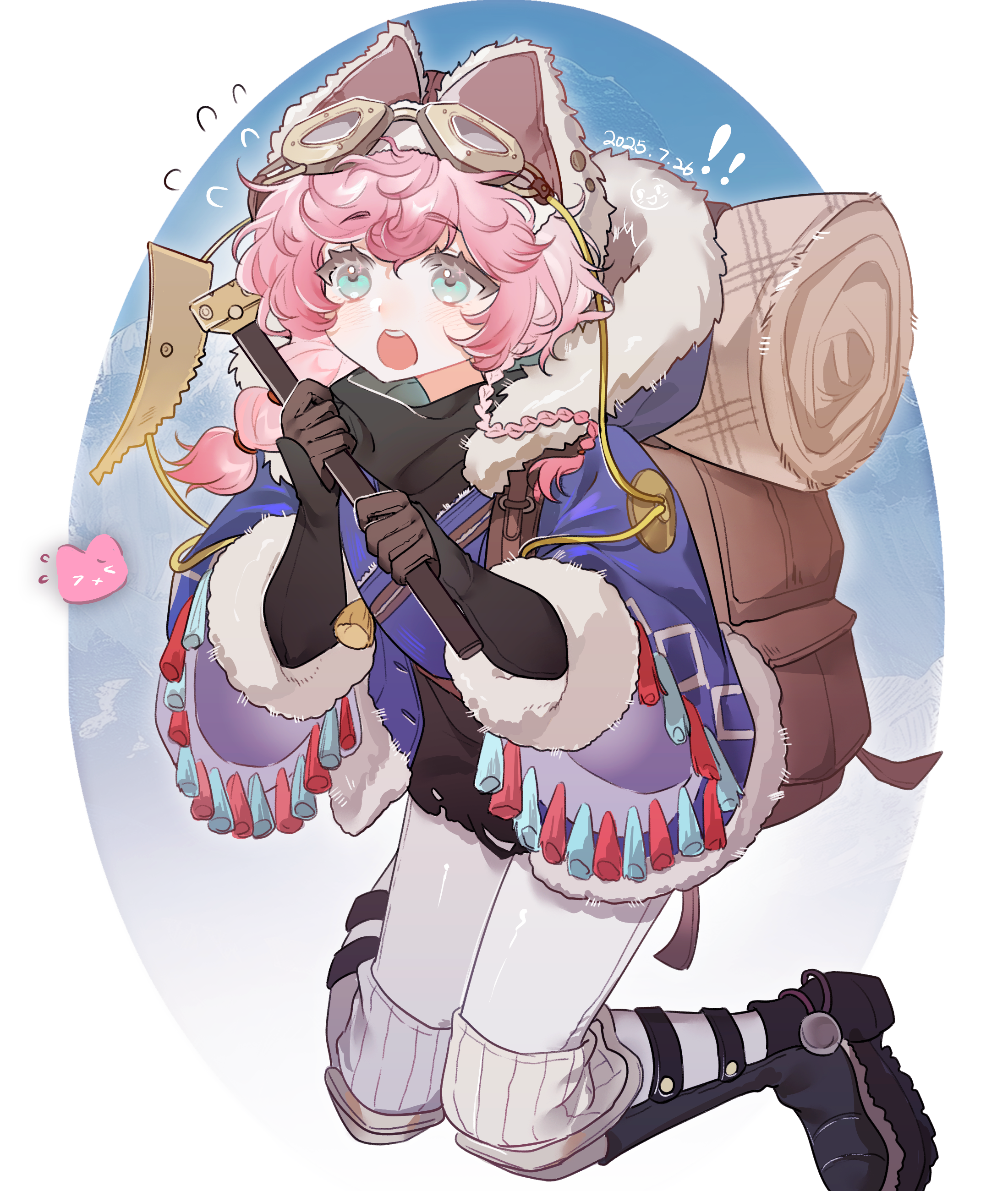 nautika (reverse:1999), reverse:1999, absurdres, highres, !, !!, 1girl, backpack, bag, baizangze, black boots, black gloves, black sweater, blue background, blue eyes, boots, brown bag, brown hat, coat, dated, flying sweatdrops, full body, fur-trimmed coat, fur trim, gloves, goggles, goggles on headwear, hat, holding, holding pickaxe, hood, hooded coat, kneeling, long braid, looking up, open mouth, oval background, pants, pickaxe, pink hair, purple coat, solo, sweater, trapper hat, two-handed, two-tone background, white background, white pants