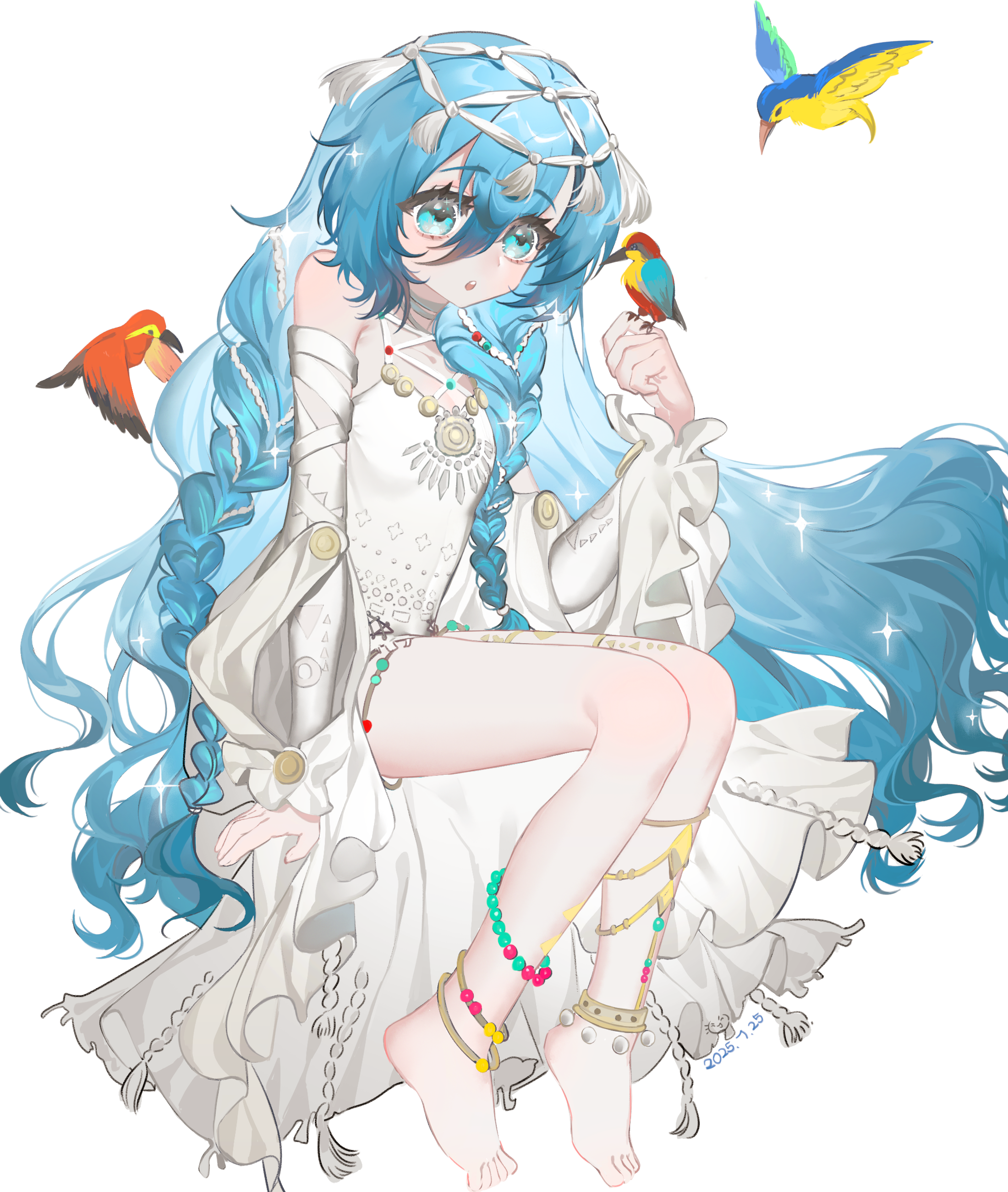 37 (down in the grotto) (reverse:1999), 37 (reverse:1999), reverse:1999, absurdres, highres, 1girl, :o, anklet, arm support, baizangze, bare shoulders, barefoot, bird, bird on hand, blue eyes, blue hair, breasts, cape, dated, detached sleeves, full body, hair between eyes, hair ornament, hand up, invisible chair, jewelry, long hair, looking at animal, official alternate costume, one-piece swimsuit, sitting, small breasts, solo, sparkle, swimsuit, very long hair, white background, white cape, white one-piece swimsuit, white sleeves