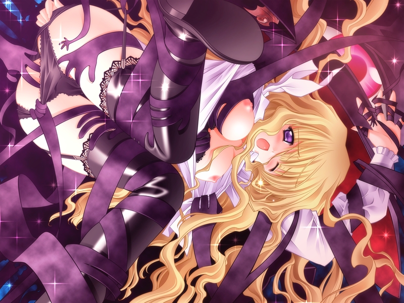 carnelian, lilith (yamibou), yami to boushi to hon no tabibito, 00s, 1girl, :o, ass, bent over, between legs, blonde hair, blouse, boots, bound, breasts, clothes lift, clothes pull, female focus, garter straps, grabbing another's ass, grabbing another's breast, groping, large breasts, leather, leather boots, long hair, monster, nipples, one eye closed, open mouth, panties, panty pull, pencil skirt, purple eyes, purple panties, restrained, ribbon, ribbon bondage, shirt, shirt pull, skirt, skirt lift, solo, sparkle, tentacles, thigh boots, thighhighs, underwear, wince, witch