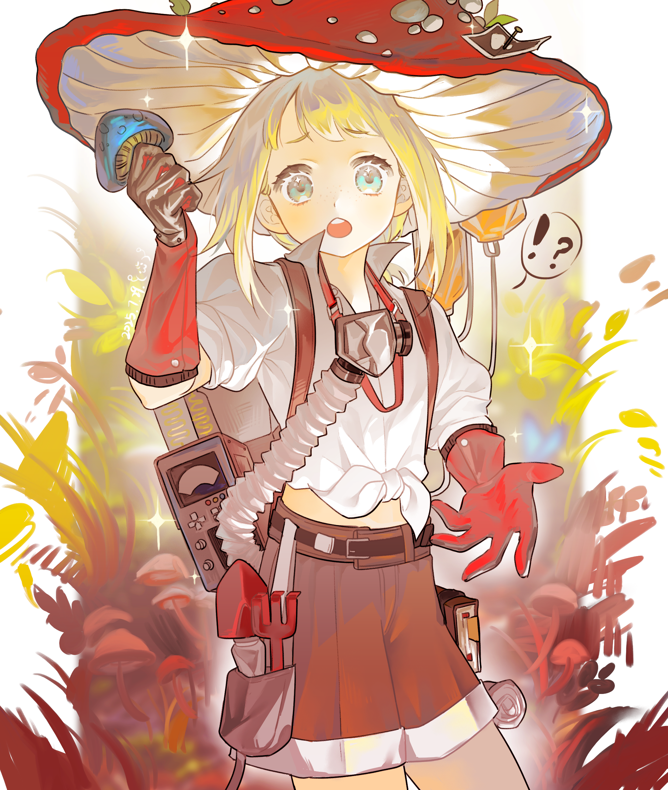 ezra theodore, reverse:1999, absurdres, highres, !?, 1boy, baizangze, belt pouch, blonde hair, blue eyes, brown shorts, furrowed brow, gloves, hand up, hat, holding, holding mushroom, looking at viewer, male focus, mask, mask around neck, midriff, mushroom, mushroom hat, open hand, open mouth, oxygen mask, plant, pouch, rake, red gloves, red hat, shirt, short hair, shorts, solo, sparkle, speech bubble, spoken interrobang, tied shirt, trowel, white shirt