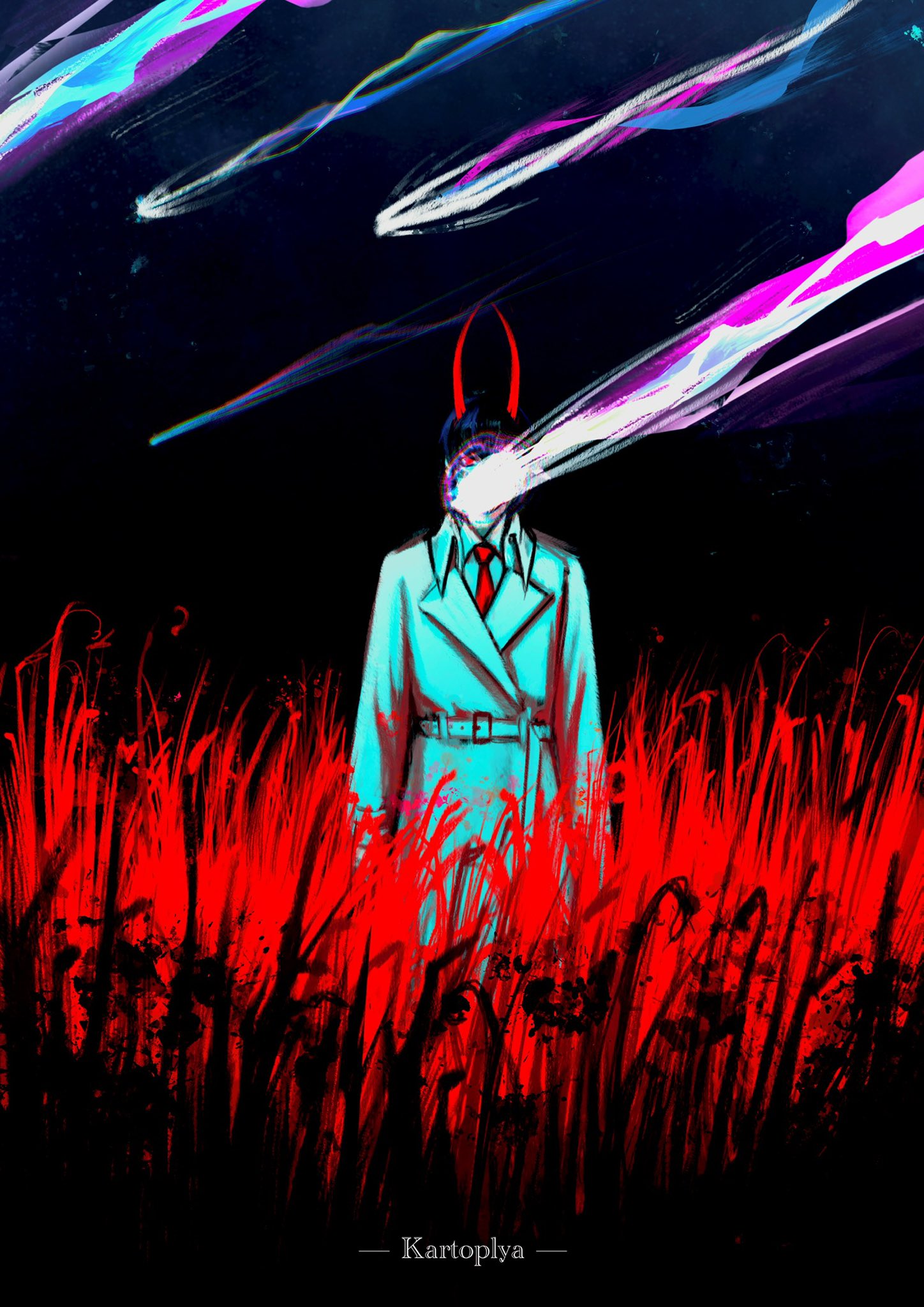 kim dokja, omniscient reader's viewpoint, highres, 1boy, censored, censored identity, coat, color contrast, convenient censoring, cowboy shot, faceless, facing viewer, field, grass, kartoplya arts, male focus, meteor shower, necktie, popped collar, red grass, red necktie, shirt, solo, standing, tall grass, white coat, white shirt