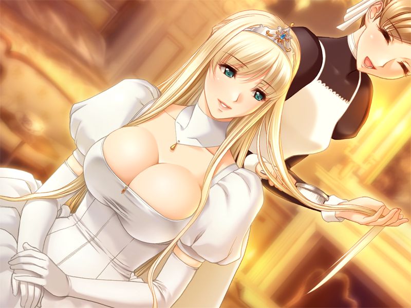 sano toshihide, princess juliette, g.j?, hime to boin, queen bonjourno, game cg, 2girls, aqua eyes, blonde hair, breasts, brushing, brushing hair, bursting breasts, cleavage, crown, dress, dutch angle, elbow gloves, gloves, gown, green eyes, hair brush, huge breasts, lips, maid, multiple girls, princess, smile