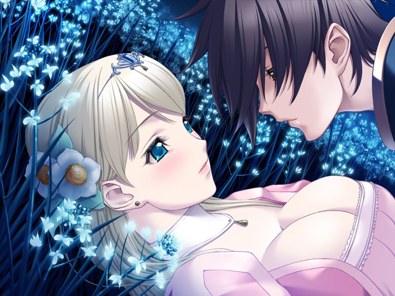 sano toshihide, princess juliette, g.j?, queen bonjourno, game cg, 1boy, 1girl, blonde hair, blue eyes, blush, breasts, cleavage, couple, flower, hetero, large breasts, princess