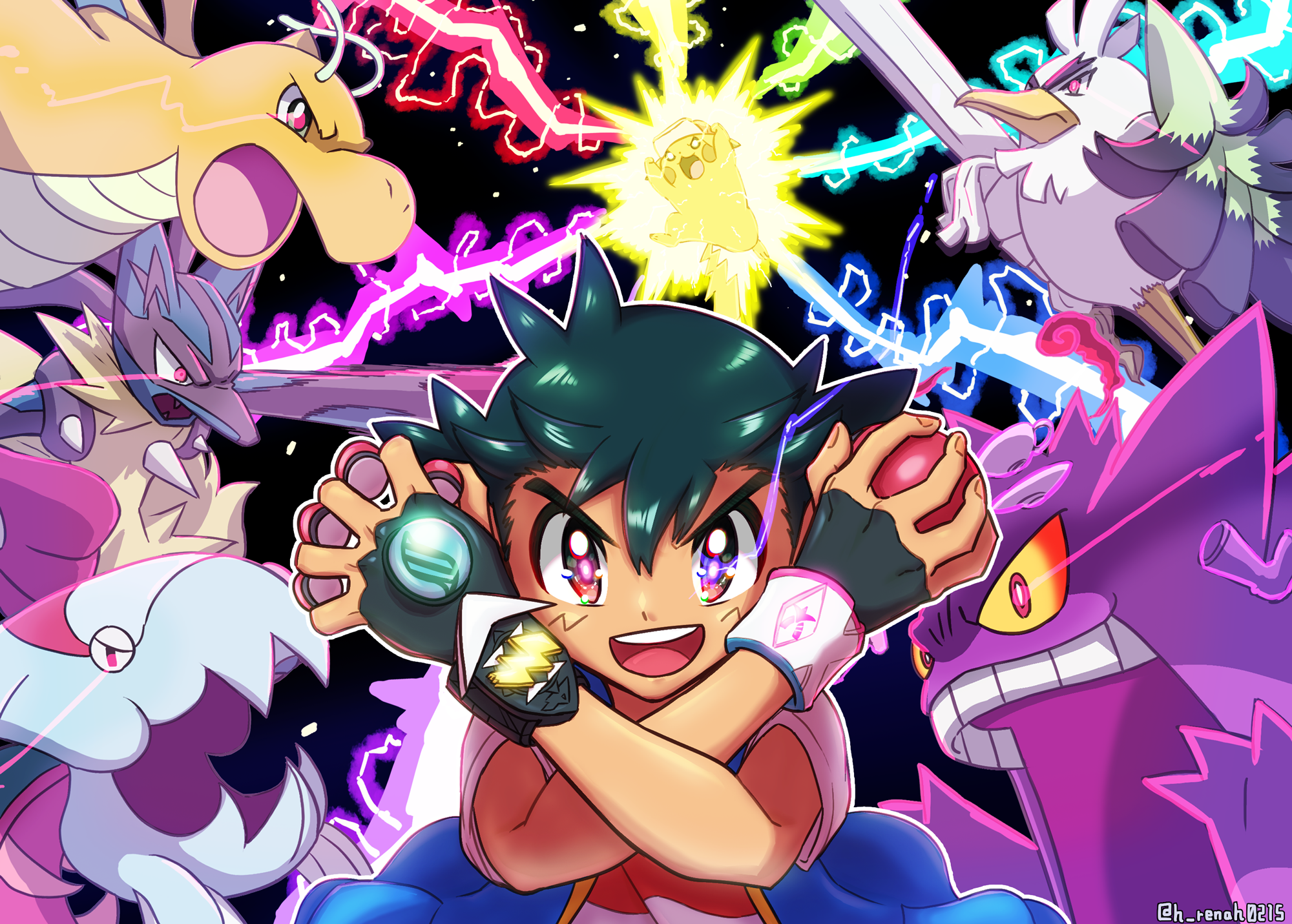 h renah, ash ketchum, dracovish, dragonite, gengar, gigantamax gengar, lucario, mega lucario, pikachu, sirfetch'd, nintendo, pokemon, pokemon (anime), pokemon journeys, commentary request, highres, 10000000-volt thunderbolt (pokemon), 1boy, black gloves, black hair, blue vest, bracelet, bright pupils, closed mouth, clothed pokemon, colored sclera, crossed arms, dot nose, dynamax, dynamax band, electricity, eye trail, fangs, fingerless gloves, food, gen 1 pokemon, gen 4 pokemon, gen 8 pokemon, gigantamax, gloves, hat, holding, holding food, holding poke ball, holding shield, holding spring onion, holding vegetable, holding weapon, jewelry, light trail, mega pokemon, mega stone, motion blur, nostrils, open clothes, open mouth, open vest, plate, poke ball, poke ball (basic), pokemon (creature), pokemon move, red clouds, red eyes, shield, shirt, short hair, short sleeves, smile, spikes, spring onion, teeth, upper body, upper teeth only, v-shaped eyebrows, v-shaped eyes, vegetable, vest, weapon, white pupils, white shirt, yellow sclera, z-crystal, z-move, z-ring