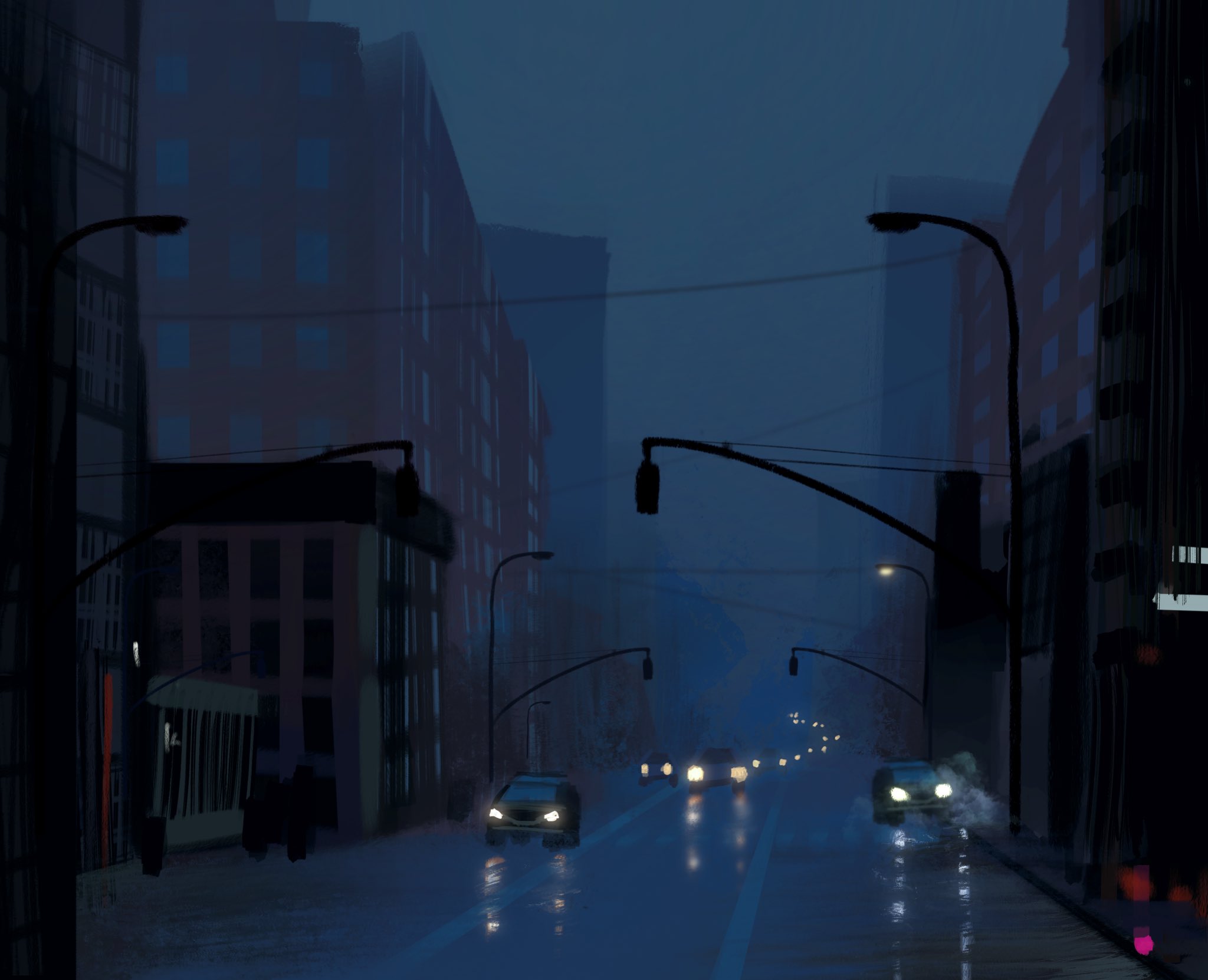 original, highres, blurry, blurry background, building, car, cityscape, dark, depth of field, dim lighting, fog, kartoplya arts, lamppost, motor vehicle, no humans, painterly, power lines, reflective surface, scenery