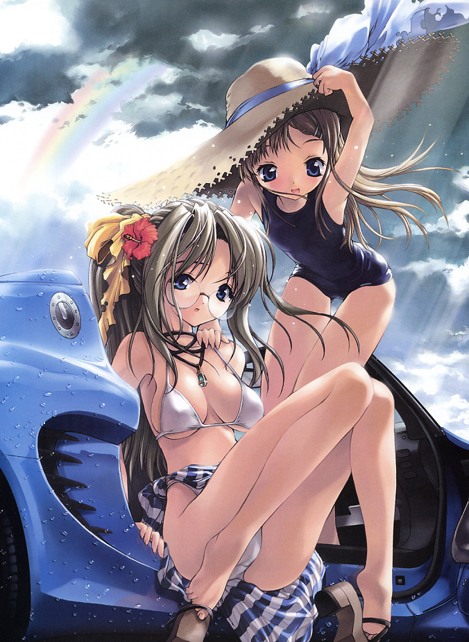 miwa yoshikazu, lotus (brand), bikini, breasts, car, cleavage, glasses, legs, lotus elise, motor vehicle, one-piece swimsuit, panties, pantyshot, school swimsuit, sitting, swimsuit, underwear