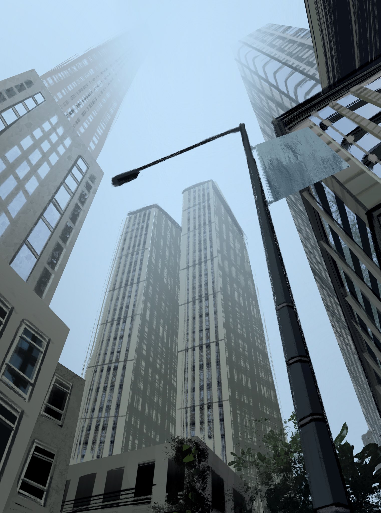 original, highres, blurry, building, day, depth of field, from behind, kartoplya arts, lamppost, no humans, painterly, perspective, road, scenery, sign, street, tree