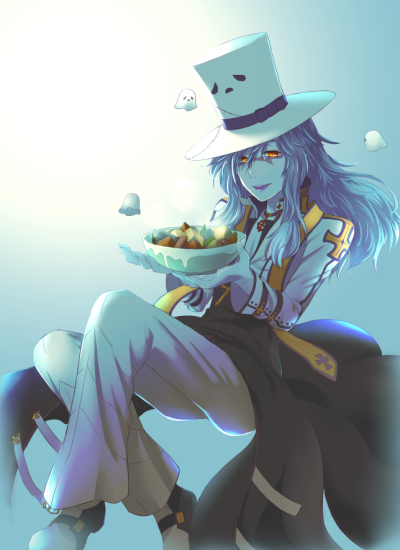 susukinohukurou, arch bishop (ragnarok online), whisper (ragnarok online), ragnarok online, 1boy, bishounen, black coat, black shoes, blue background, bowl, closed mouth, coat, cross, cross necklace, cross of prontera, full body, ghost, grey hair, hat, holding, holding bowl, jacket, jewelry, lips, long hair, long sleeves, looking at viewer, male focus, necklace, orange eyes, pants, shoes, smile, solo, top hat, white hat, white jacket, white pants