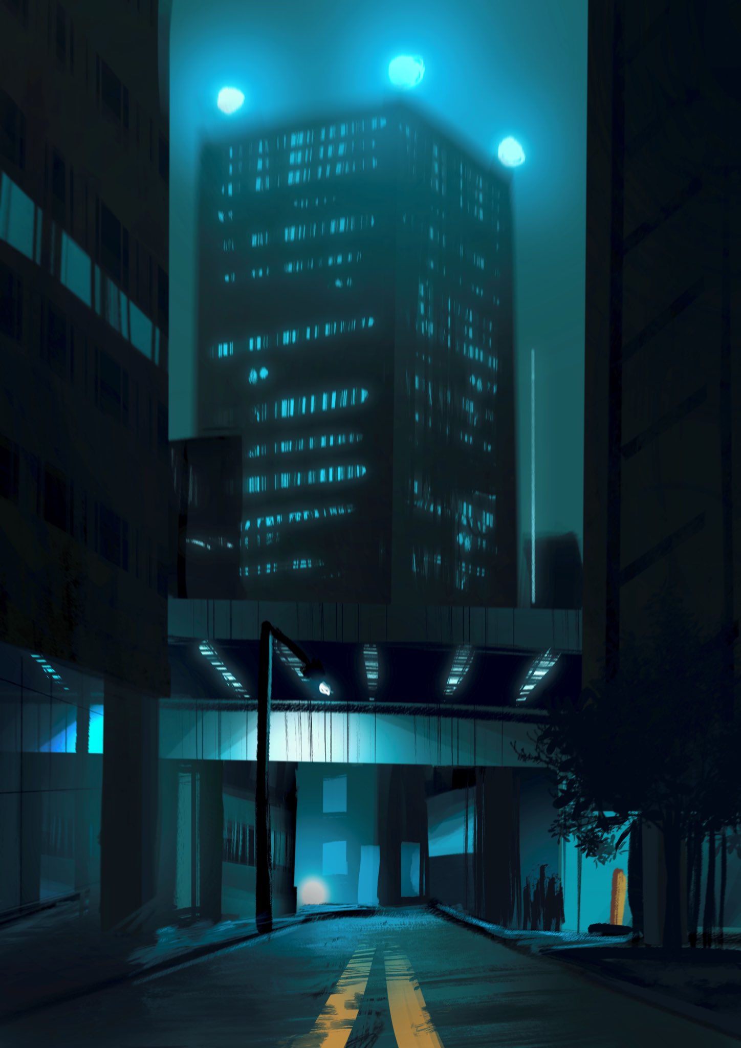 original, highres, bridge, city lights, cityscape, dark, kartoplya arts, lamppost, night, no humans, painterly, road, shadow, street