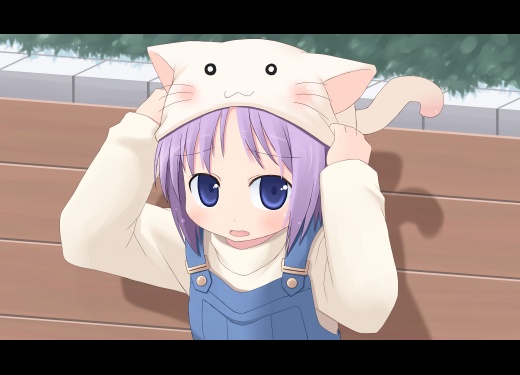 amamiya minato, hiiragi tsukasa, kanon, lucky star, 1girl, :3, animal ears, animal hat, blue eyes, cat ears, cat hat, female focus, hat, open mouth, overalls, parody, purple hair, short hair, solo, tareme