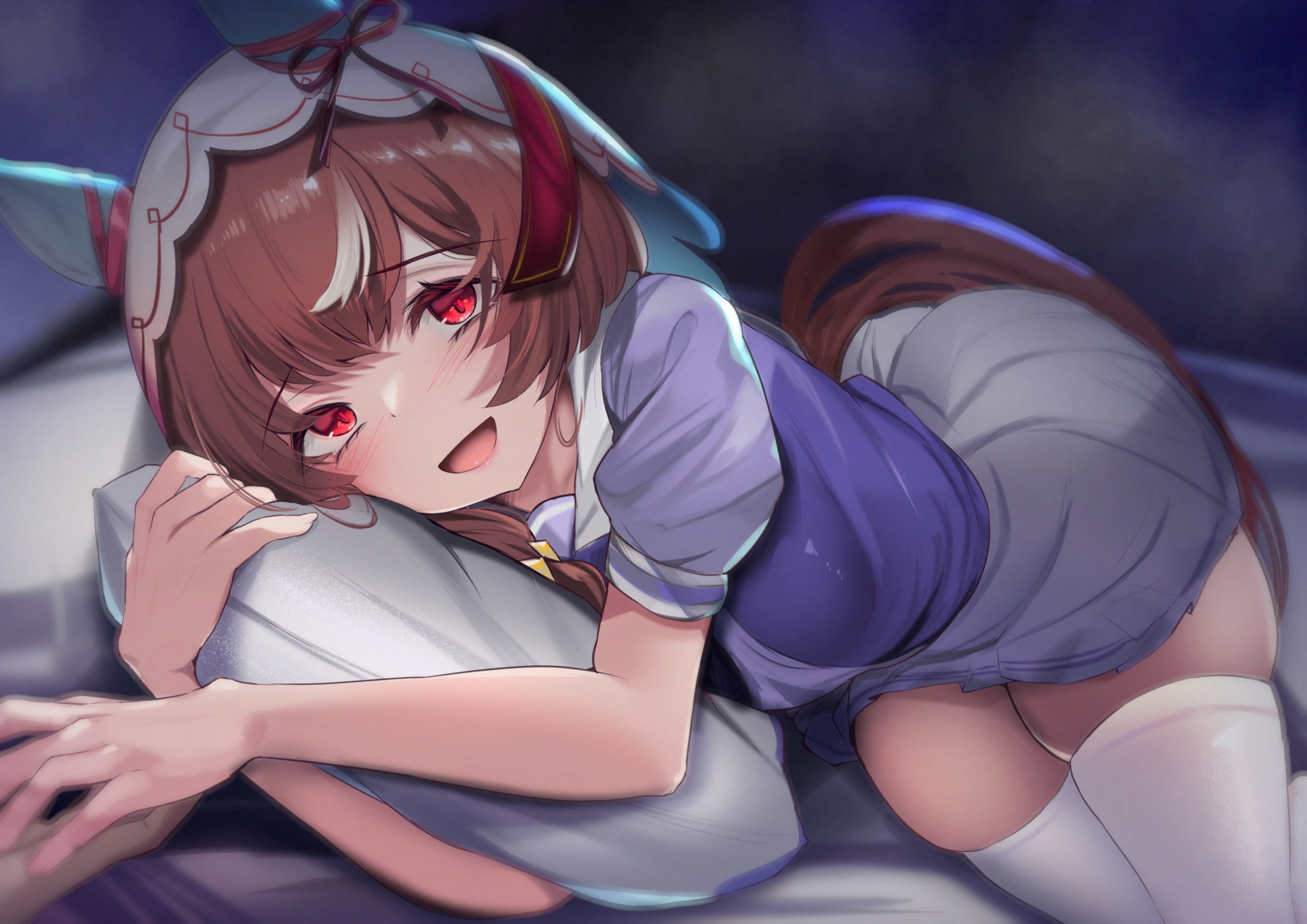 tamano nae, still in love (umamusume), umamusume, highres, 1girl, animal ears, blush, brown hair, horse ears, horse girl, horse tail, hugging object, long hair, looking at viewer, lying, on side, open mouth, pillow, pillow hug, purple shirt, red eyes, school uniform, shirt, short sleeves, skirt, solo, tail, thighhighs, tracen school uniform, veil, white skirt, white thighhighs, white veil